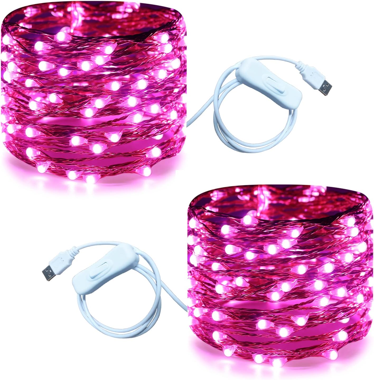 RUICHEN 2 Pack USB Fairy Lights with Switch Copper Wire 33 Ft 100 LED, Pink