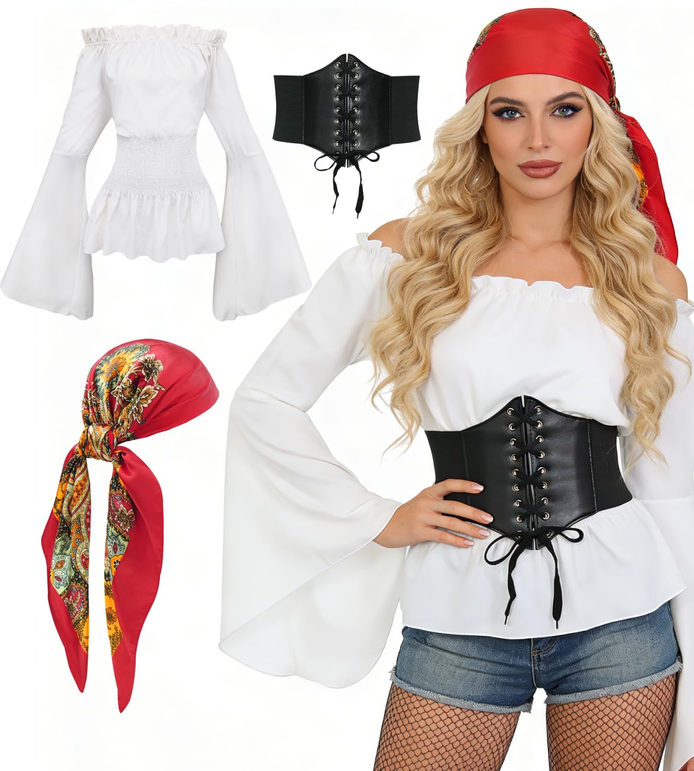 BOYIFEIJIE Piratenkostuumset, 8 stuks, middeleeuwse kleding voor heren, middeleeuwse kleding voor heren, Viking piratenset, carnavalskostuums voor carnaval, Halloween en cosplay-feestjes