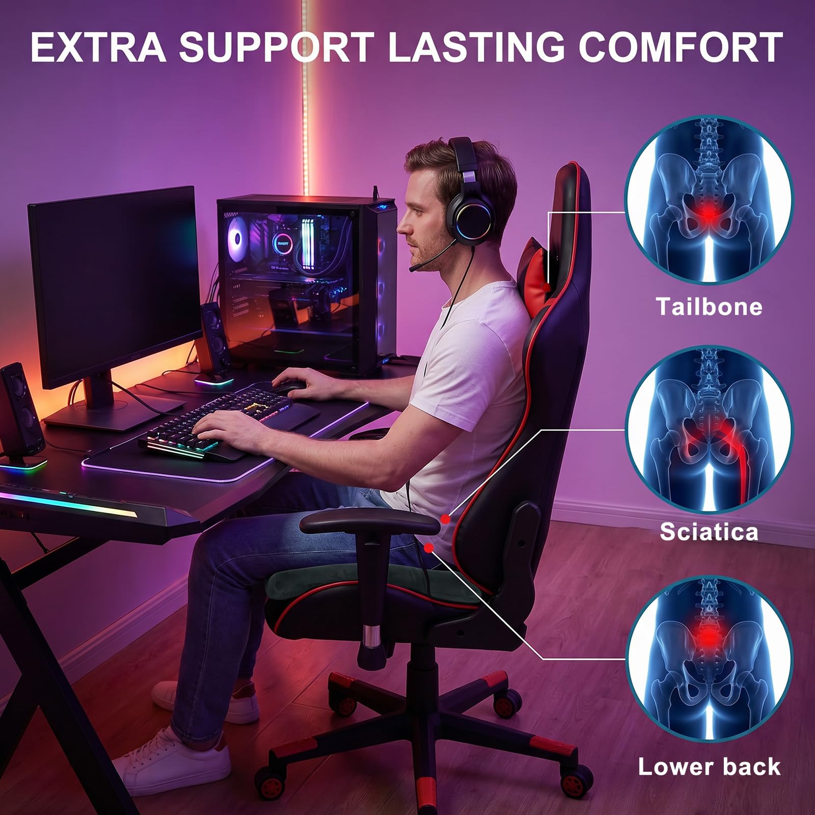 Ergonomisches Sitzkissen für Gaming-Stuhl & Bürostuhl, Steißbein Entlastung & Orthopädischer Komfort, für Bürostuhl E-Sport & Studium Druckentlastend & Atmungsaktiv Unterlage für langes Sitzen