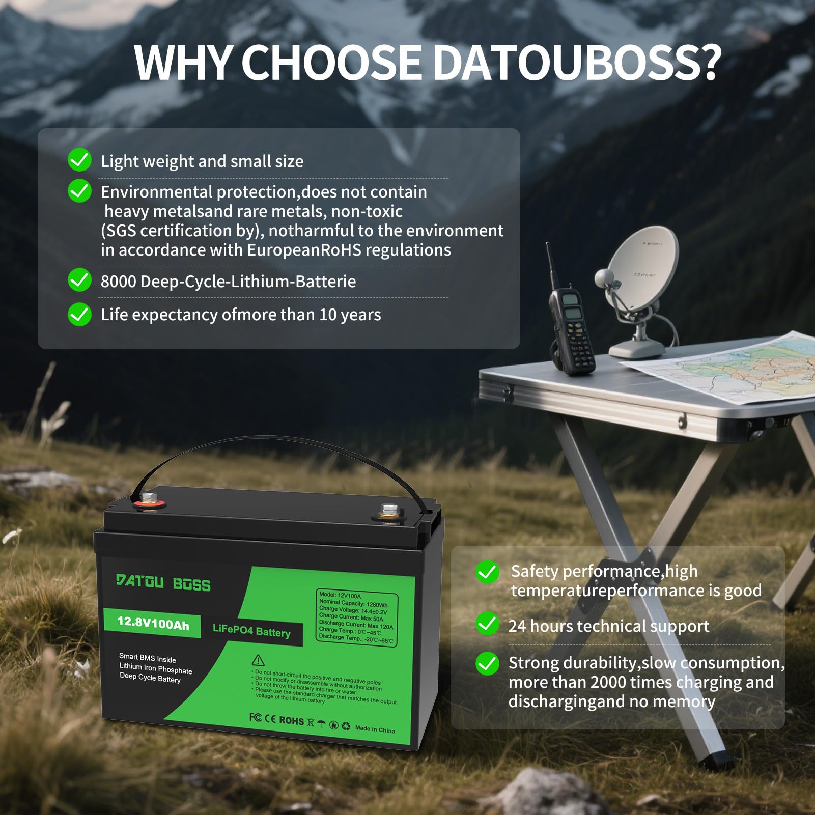 DATOUBOSS 2*Batteria al litio 12V 100Ah LiFePO4, BMS integrato 100A, fino a 8000-15000 cicli, uscita massima 1280Wh, perfetta per camper, pannelli solari, caravan, barche,Sistemi fuori rete