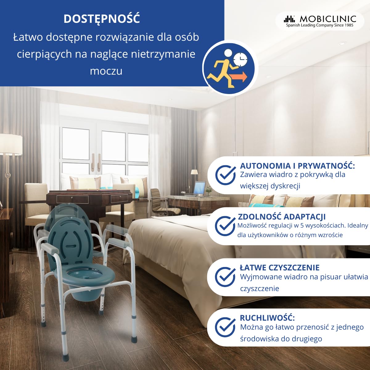 Mobiclinic®, Krzesł toaletowe, Z pokrywką, Wyjmowany wiaderko, Regulowane na 5 wysokości, Model arroyo, Nóżki antypoślizgowe, Podłokietniki, Wytrzymuje do 100 kg, Ustępem, Stal