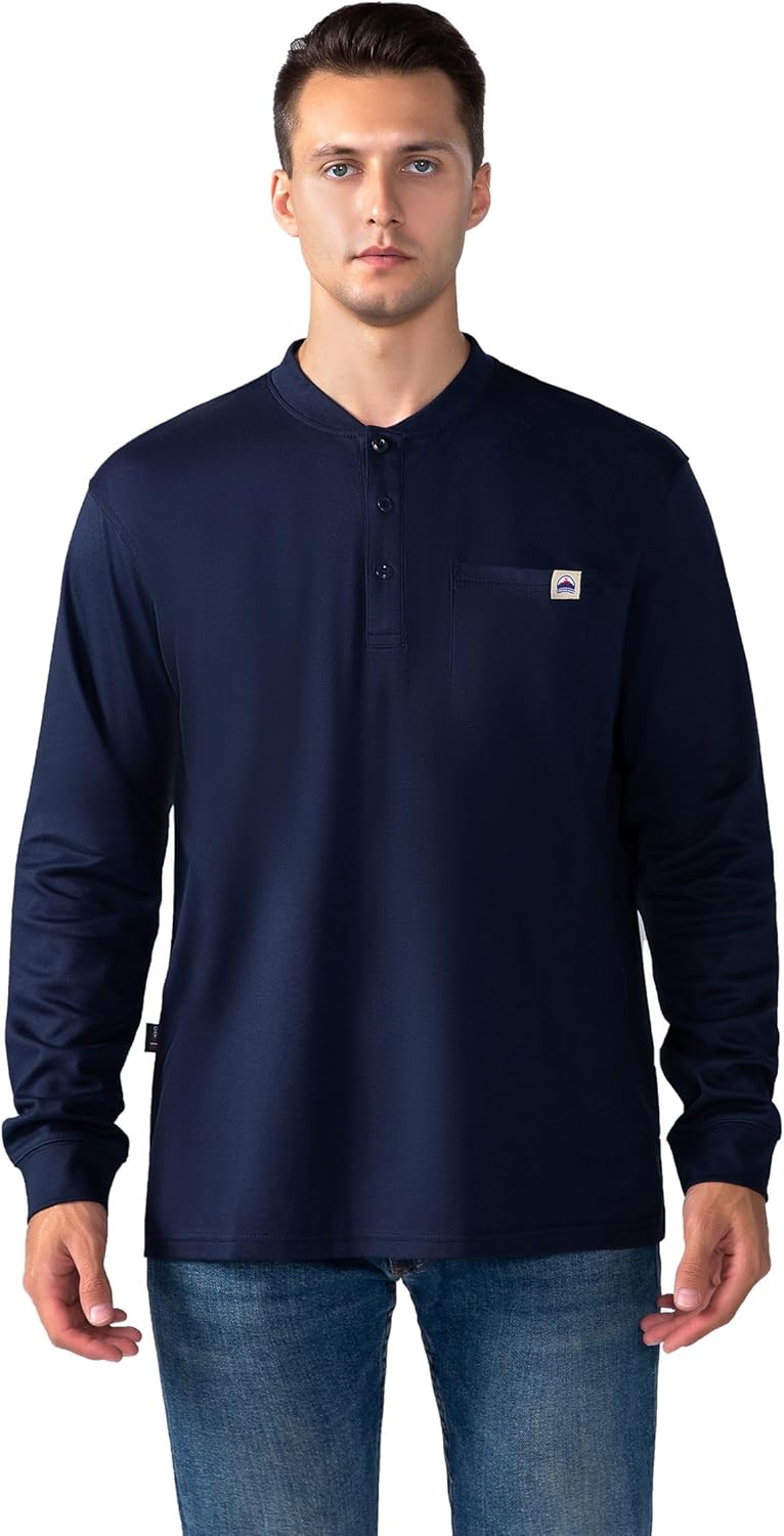 FR Henley Shirts for Men Flame Resistant Lightweight Welding 6.5oz 100% Cotton CAT2 Long Sleeve Fire Retardant FRC Clothing
