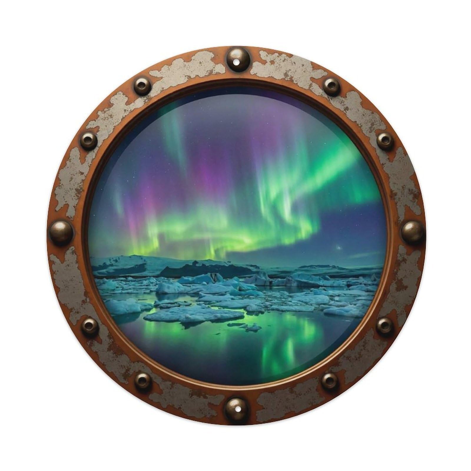 Vintage Porthole Aurora Borealis View Vintage Metal Tin Sign Plaque Wall Decor for Cafe, Club Bar, Office, Garden Metal Poster 8x8Inch