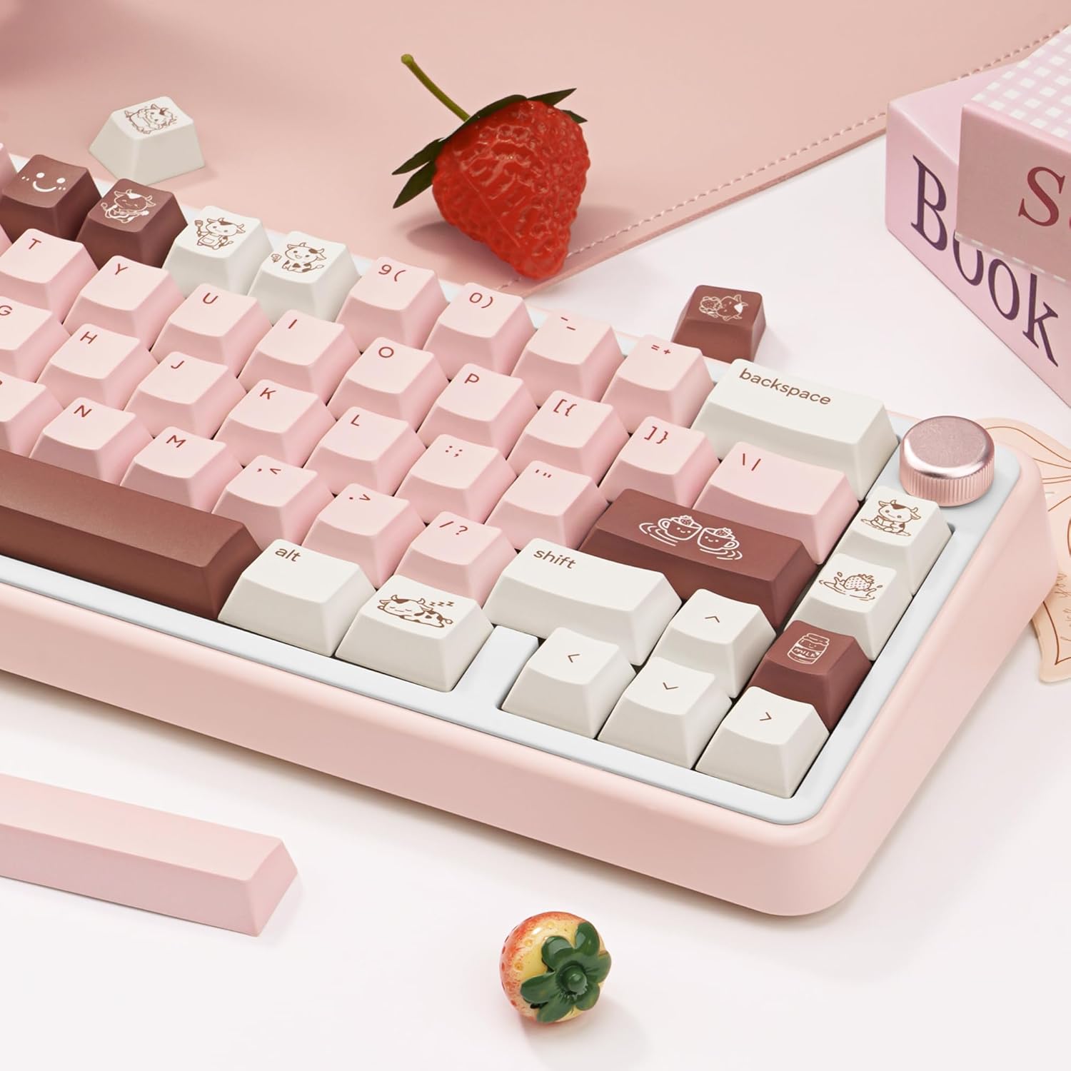 Milk Strawberry Cute Pink Keycaps - 134 Keys PBT Dye-Sublimation Keycaps, Cherry Profile - Kawaii Cow & Milk Cartoon Illustrations, Compatible with 60% 65% 75% 80% 100% Mechanical Keyboards