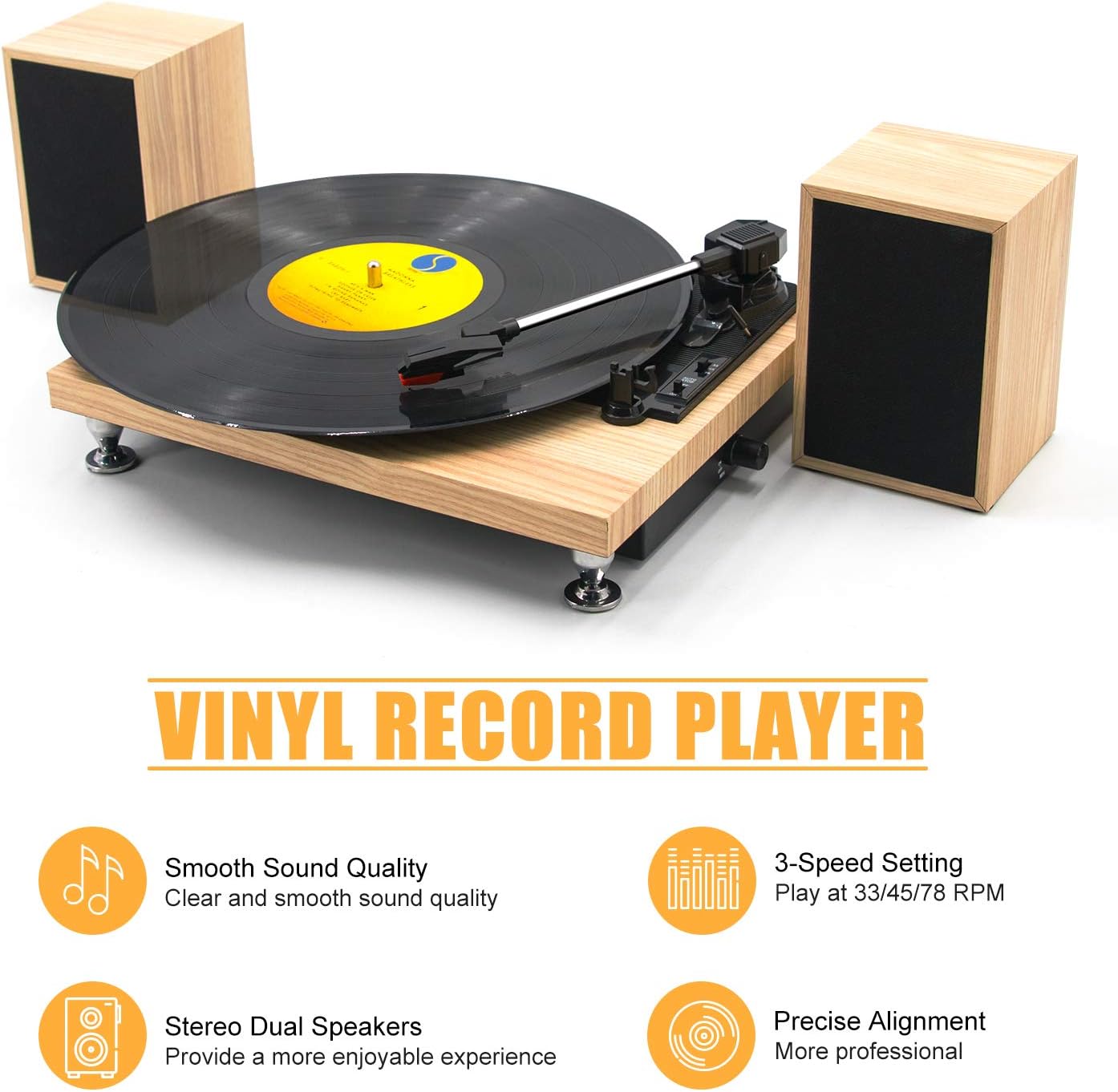 Vinyl Record Player with Powerful External Speakers 3 Speed Belt-Driven Wooden Vintage Turntable for Entertainment and Home Decoration Record Player