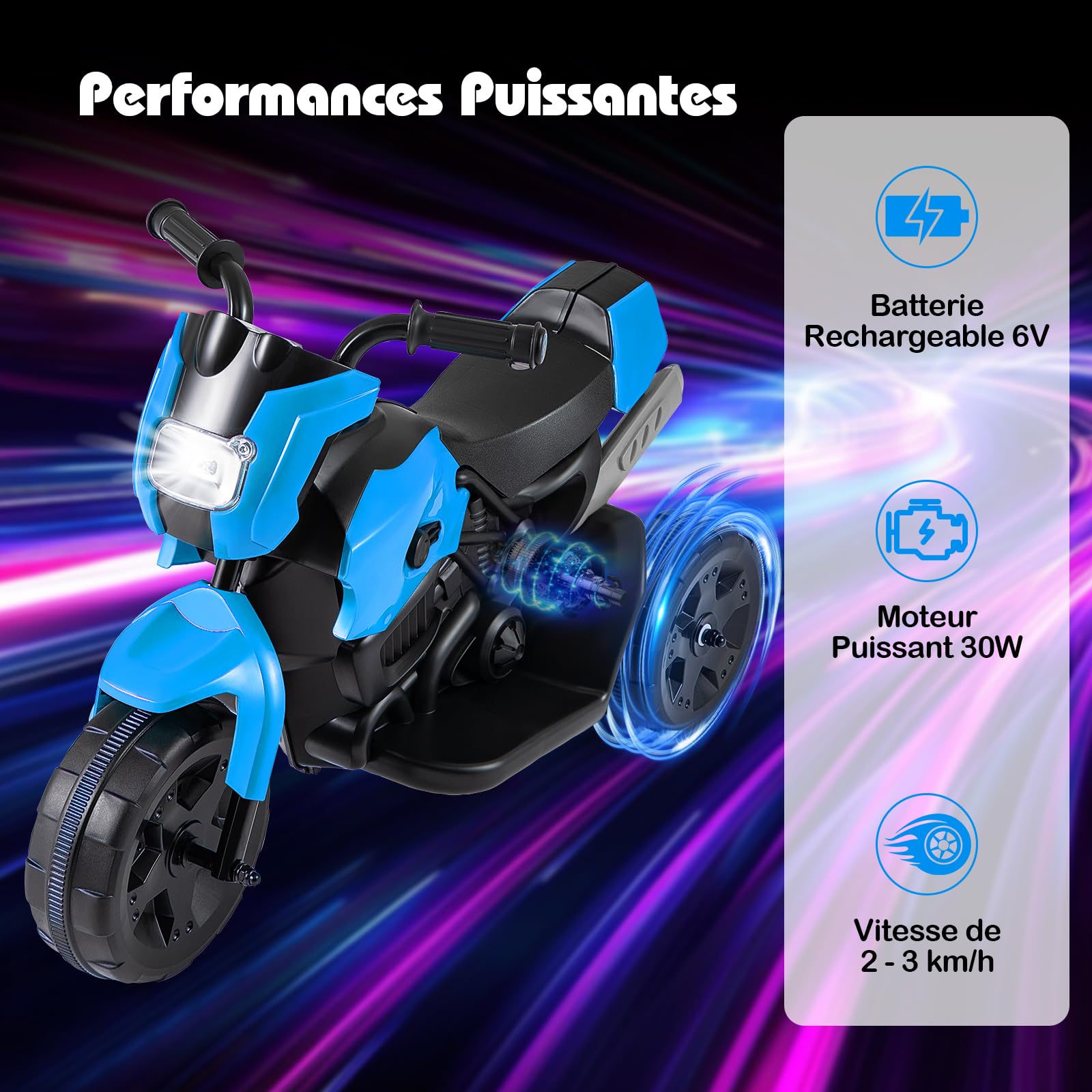 DREAMADE 6V Moto Électrique Enfants 3+ Ans, 69,5 x 32 x 47,5 CM, Charge Max.20 KG, Jouet Électrique à Batterie avec Phare LED et Pédale au Pied, Moto à 3 Roues pour Tout-Petits (Bleu)