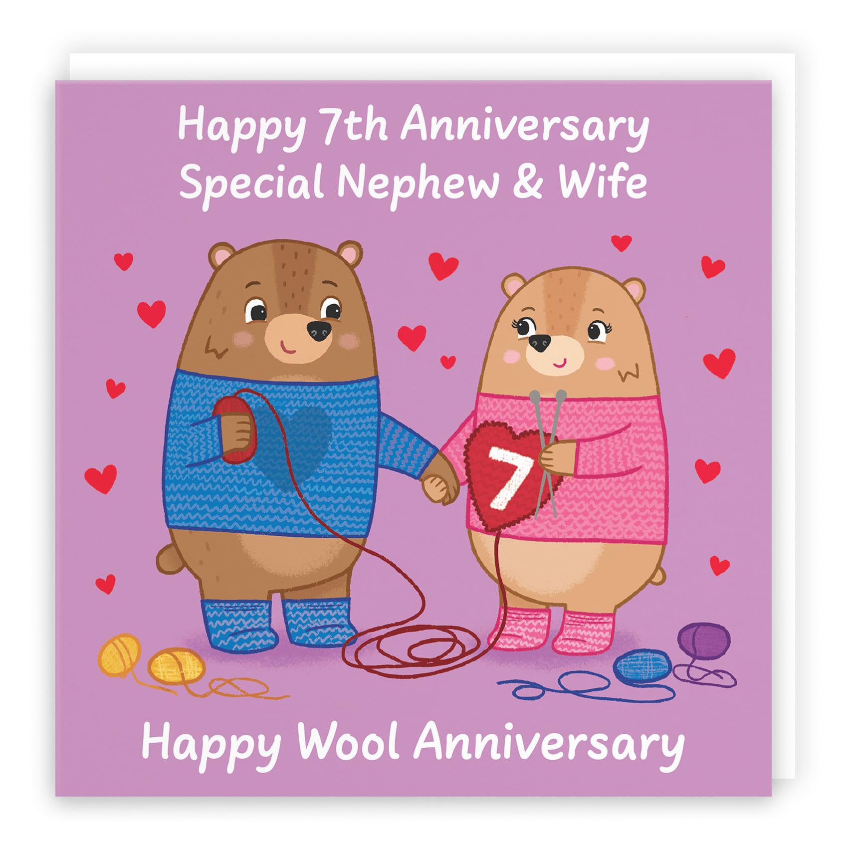 Hunts England, Nephew And Wife 7th Anniversary Card, Wool Anniversary, Seventh Anniversary, 7 Years, Cute Fun Bears Card