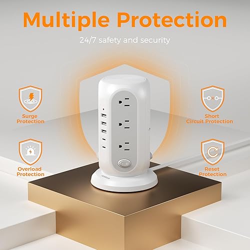 Miniatura 8 de TESSAN Regleta de alimentación de torre con interruptores individuales, protector de sobretensiones con 12 tomas, 5 puertos USB (2 USB C), cable de