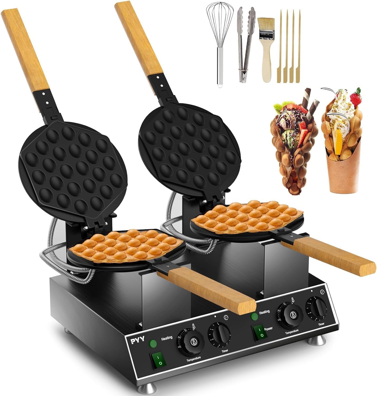 PYY Bubble Waffle Maker - 3100W Commercial Hong Kong Egg Waffle Maker, Double Head, 180° Rotate, Non-Stick Plate, 50-250? Adjustable Temp, Bubble Waffle Machine for Commercial Use, 110V, Black Black Double-Head