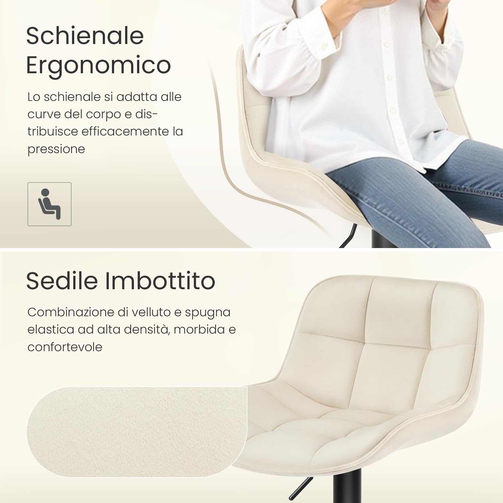 EUGAD Sgabelli Bar Set di 2 con Schienale, Regolabile, Velluto, Crema | Sgabello da Cucina, con Poggiapiedi, Sedia Alta Girevole, con Seduta Imbottita, Altezza Sedile