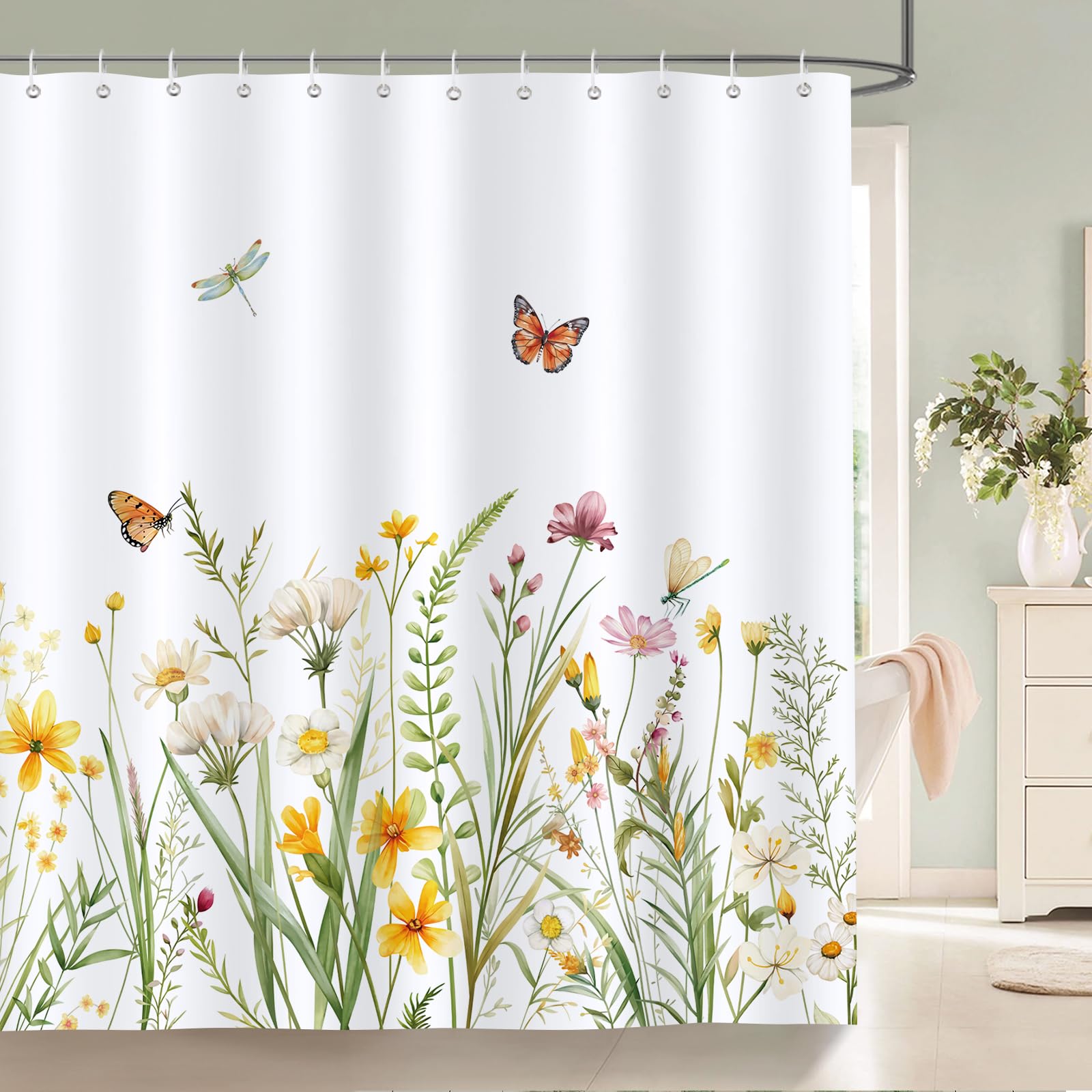 Bonhause Cortina de Ducha Primavera Flor Colorida Acuarela Mariposa Cortina de Baño de Poliéster Impermeable Antimoho Lavable Cortina Ducha 180 x 180 cm con 12 Ganchos