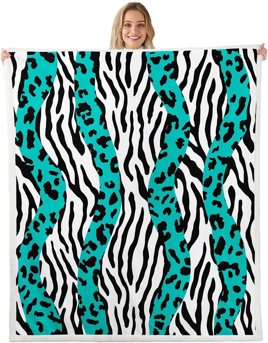 Teal Leopard Print Throw Blanket Twin 60"X80" Cheetah Print Sherpa Blanket for Men Women,Abstract Geometric Zebra Skin Fleece Blanket Soft Lightweight Wild Safari Animal Flannel Blanket Black White