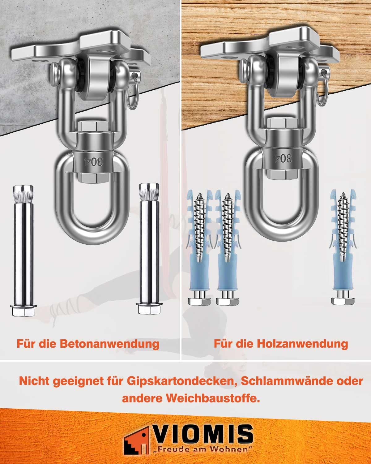 Gancio da soffitto in acciaio inox girevole a 360° – universale per altalene, amache e sacchi da boxe, capacità di carico 450 kg, per interni ed esterni