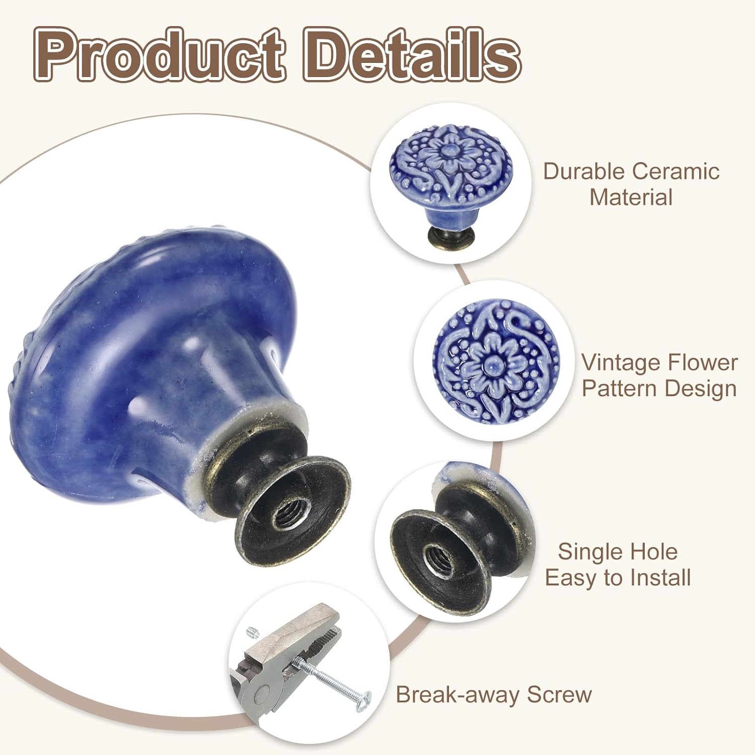 uxcell 6Pcs Ceramic Knobs, 34mm/1.34" Flower Pattern Mushroom Knob Raised Base Drawer Pull Handle Vintage Wardrobe Knobs with Screws for Vanity Bedroom Furniture Closet, Purple Blue