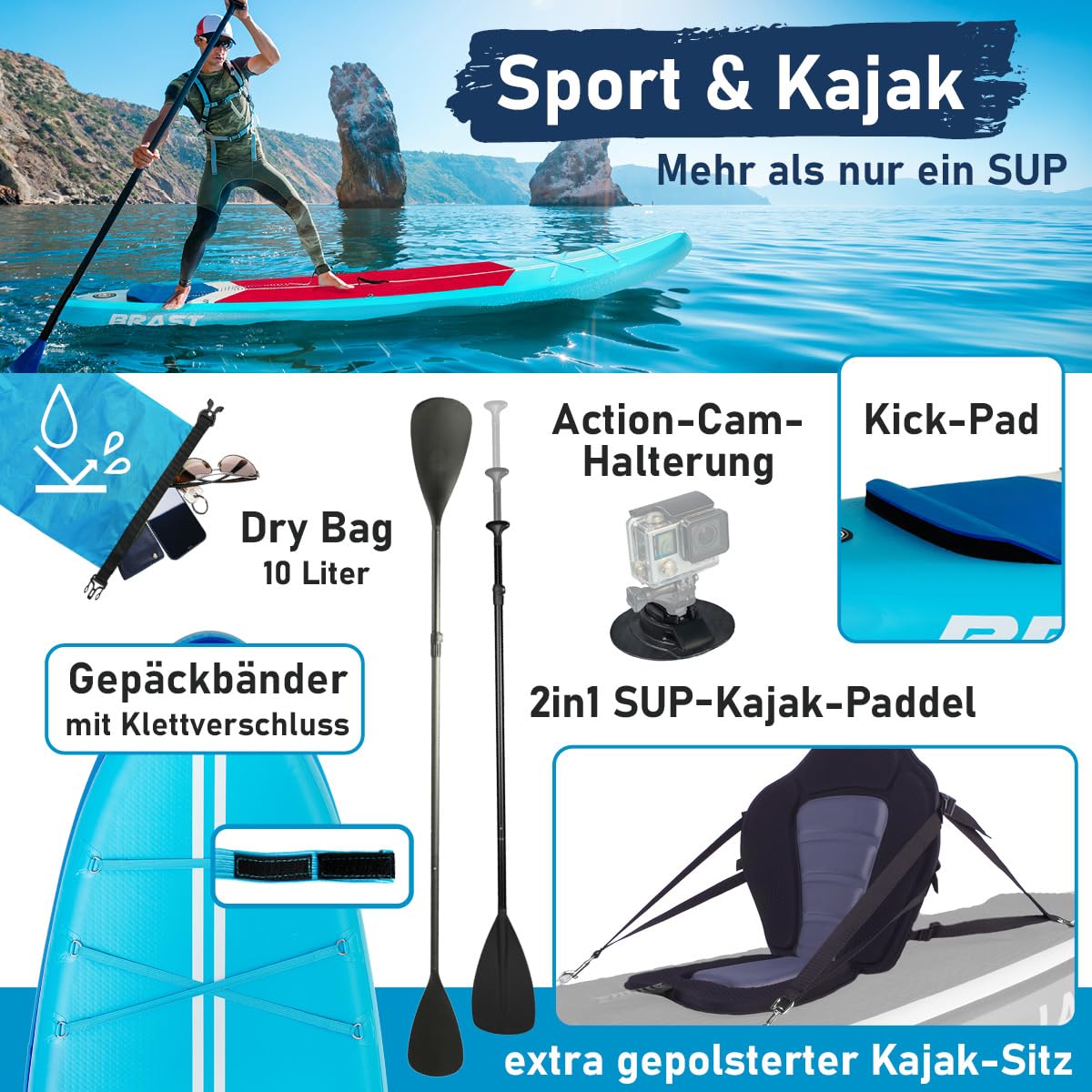 BRAST SUP Board Turtle | Aufblasbares Stand up Paddle Set | 320x81x15cm | 4 Designs | 5 Jahre Garantie | inkl. Sonderzubehör