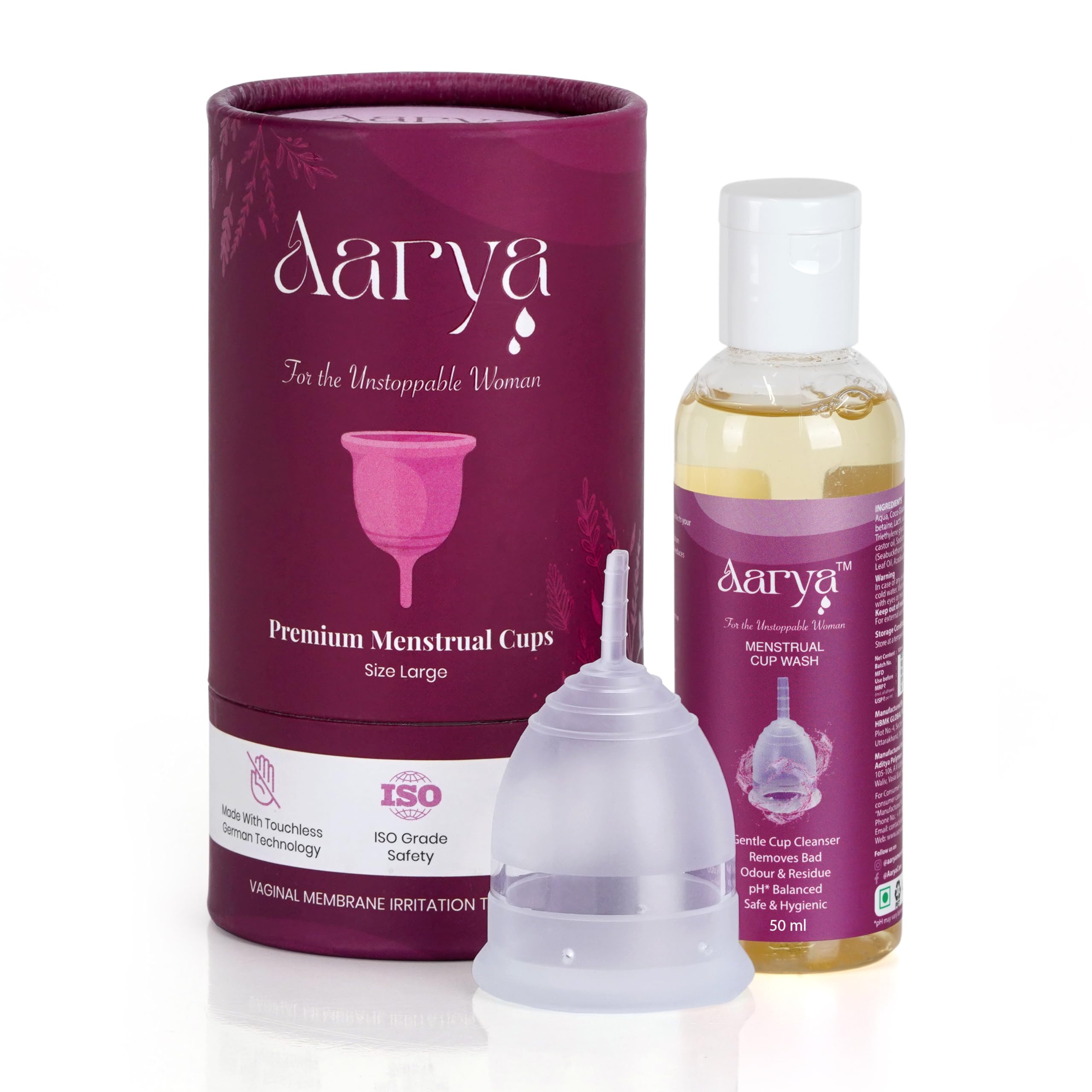 AARYA Reusable Menstrual Periods Cup for Women with Cup Wash - Medical Grade Silicone | Comfortable Odour & Rash-Free | Upto 12 Hours Leakage Protection | FDA Compliance (Large 50ml)