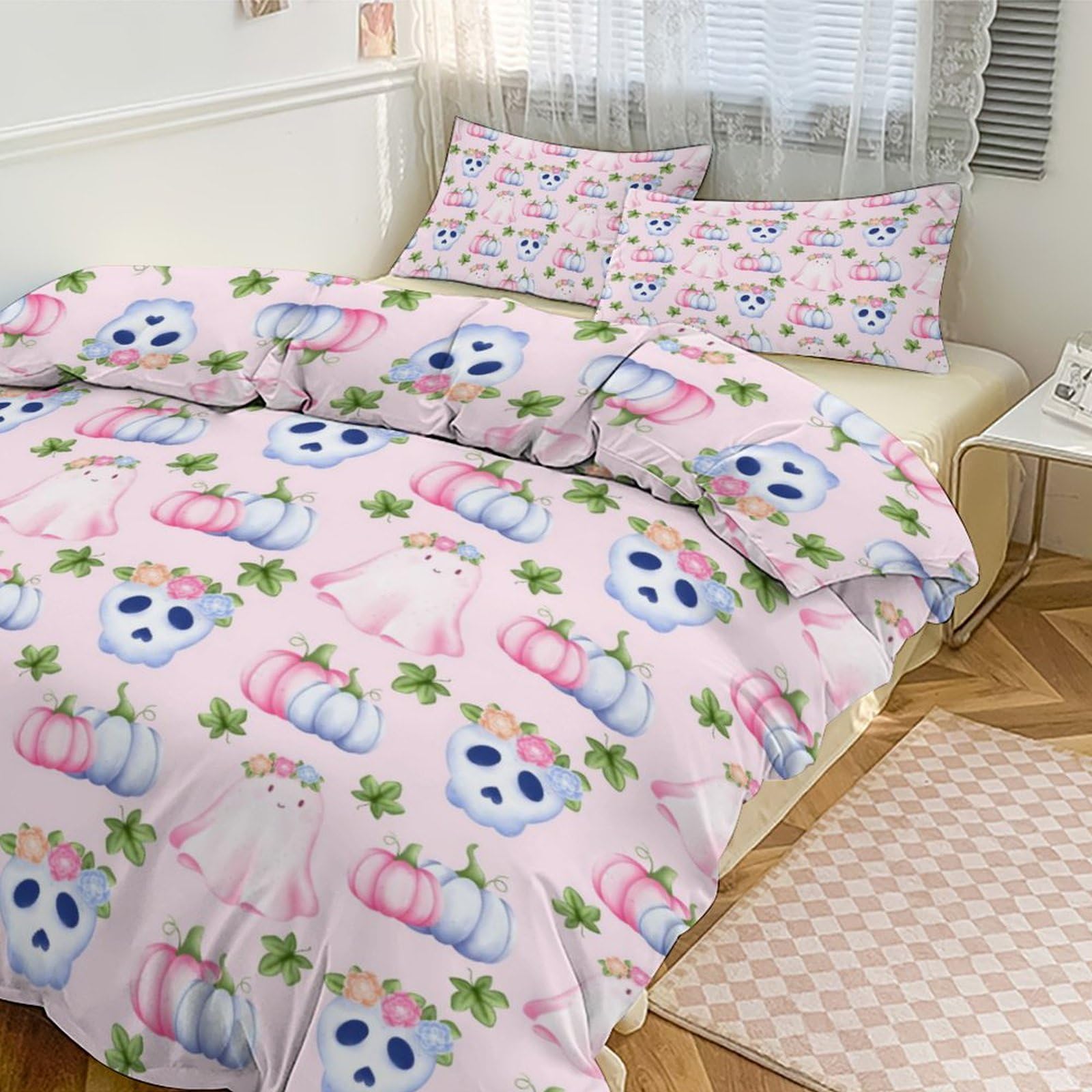 Custom Name Halloween Floral Ghost Skull Pink Pumpkin Duvet Cover Witch Hat Spider Webs Bat Personalized Bedding Set Cute Spooky Customized Duvet Cover Set Trick Or Treat Comforter Cover Set 3 Pieces
