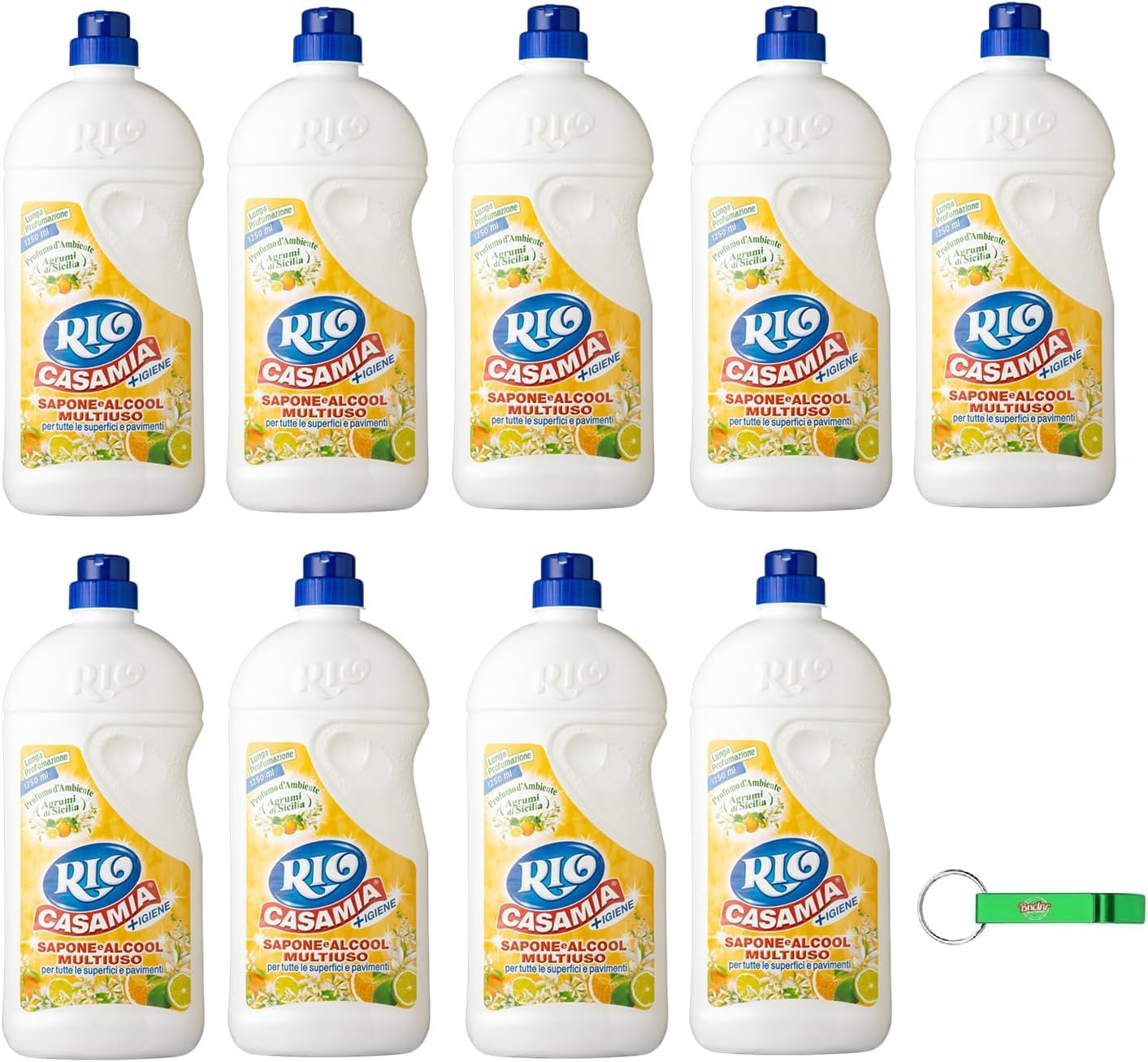 9x Rio Casa Mia - Igiene Sapone e Alcool Multiuso Agrumi di Sicilia - Detergente per Pavimenti e Superfici 1250ml + Portachiavi Beni Culinari in Omaggio
