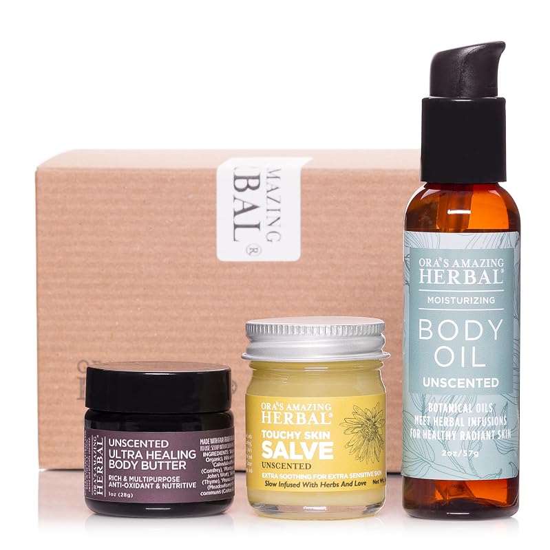 Conjunto de viagem de hidratantes sem fragrância Ora's Amazing Herbal, Touchy Skin Salve, manteiga corporal e óleo corporal, Pacote com 3