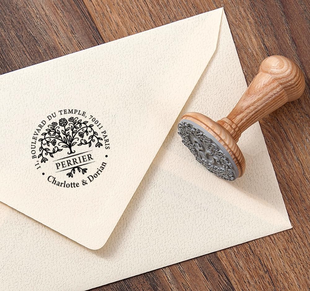 Albero della Vita Famiglia Timbro Indirizzo di Casa Personalizzabile, Fiore Ramo di Albero, Fatto a Mano Regali Originali in Scatola Speciale