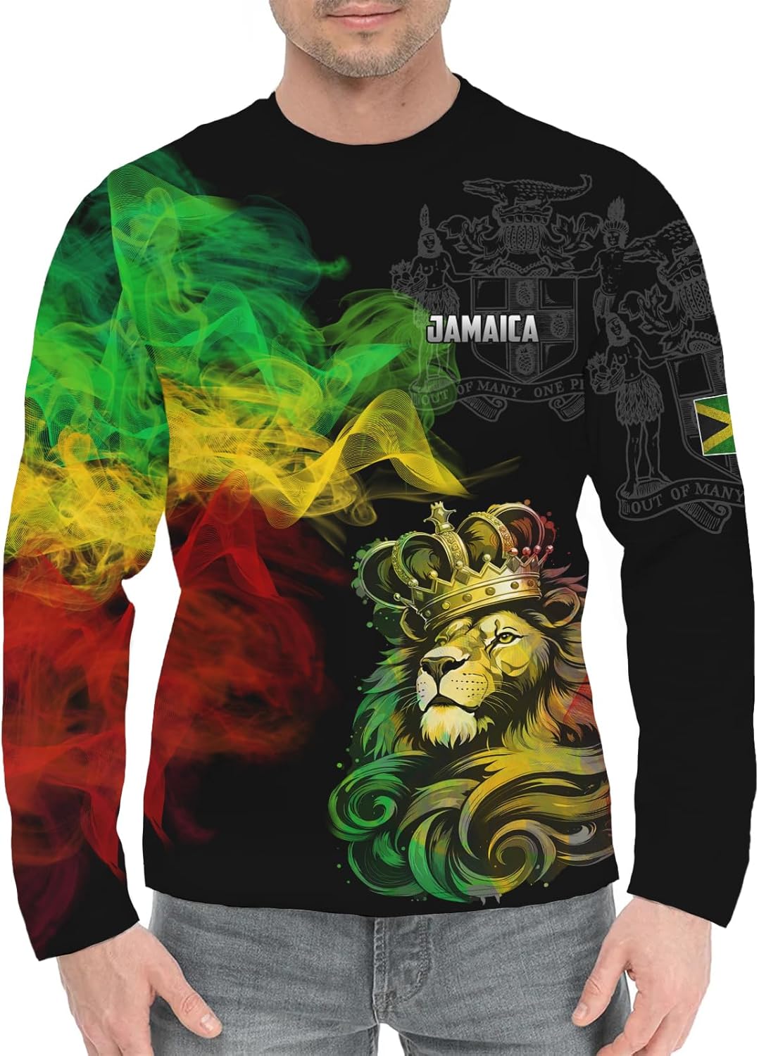 Men's Jamaica Flag Long Sleeve T-Shirt Jamaican Lion Print Tee Jersey Casual Round Neck Long Sleeve Top Unisex - Image 3