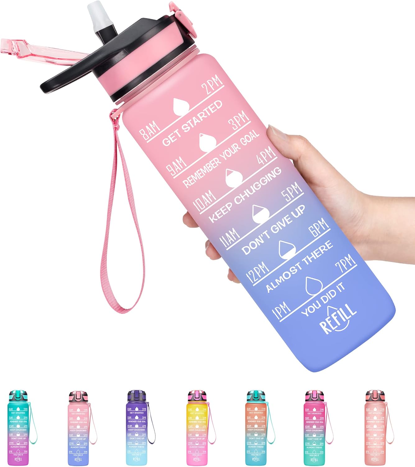 Fidus Motivational Water Bottle with Time Markers for ADHD hydration reminders