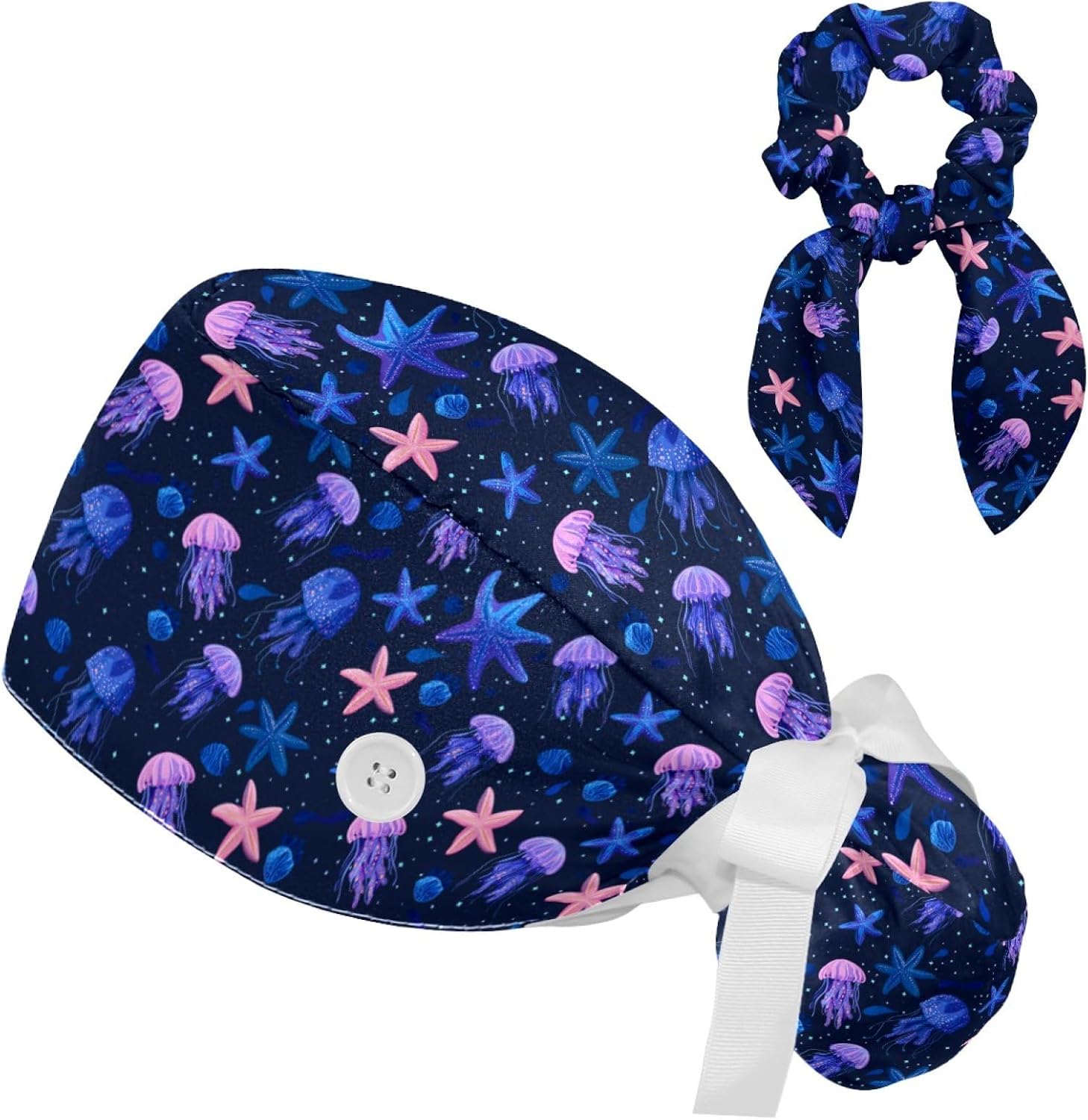 Scrub Cap with Ponytail and Buttons, Surgical Caps for Women Ocean Themed