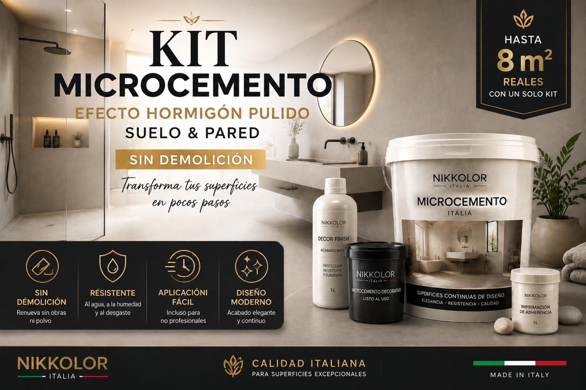 Kit Microcemento 8 m² para suelos y paredes – Semibrillante – 07