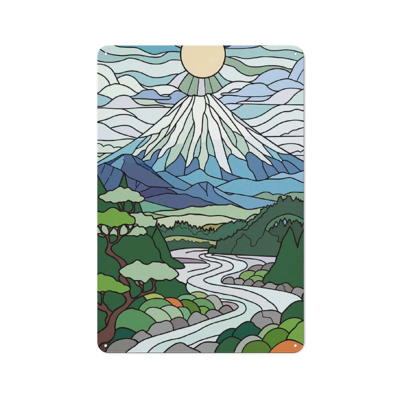 Junmoney Style-14 For Lounge Or Reading Corner, Stained Glass Mountain Landscape Retro Tin Sign 30X20cm, Gift For Reading Corner Decorators During The Christmas Season