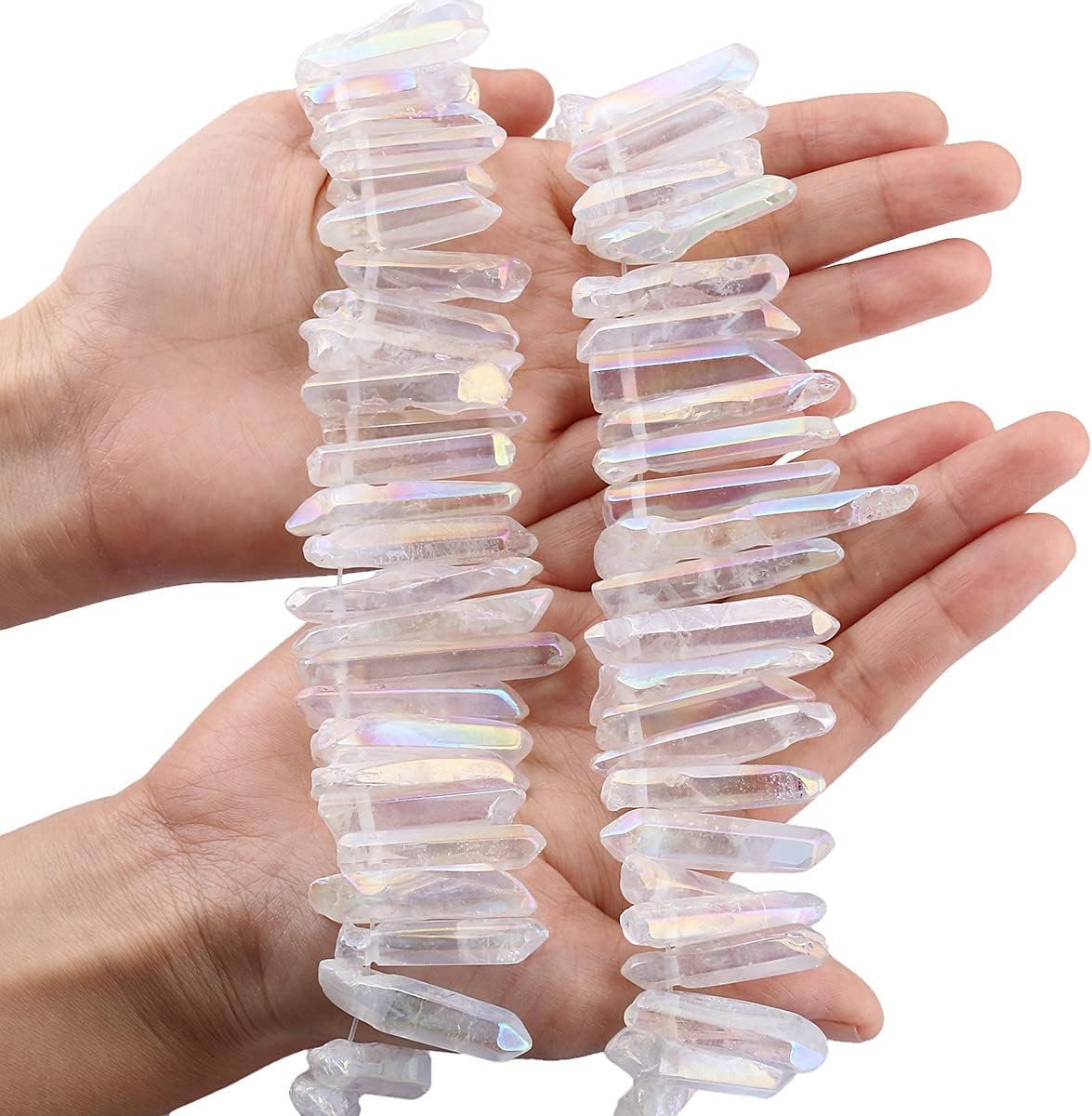 mookaitedecor Titanium Coated Rock Crystal Quartz Crystal Points Loose Beads Sticks Spikes Top Drilled 15 inches Strand