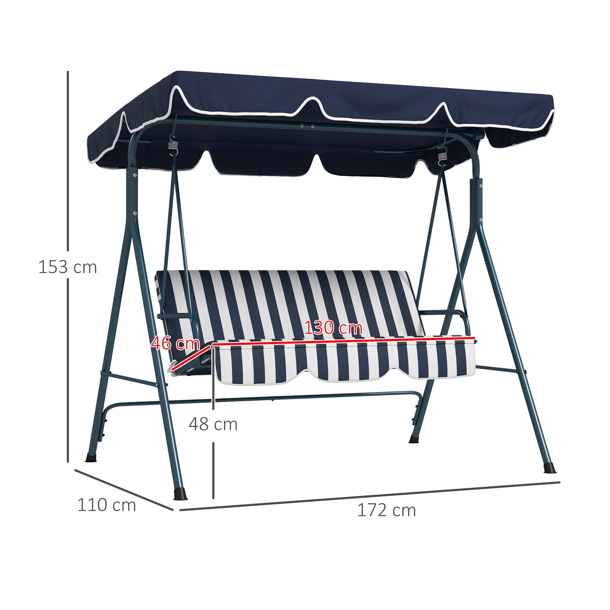 Outsunny Columpio de Jardín Exterior de 3 Plazas, Balancín de Jardín Exterior con Techo Ajustable y Marco de Acero, para Balcón, Terraza, Patio, Carga 240 kg, 172x110x153 cm, Raya Azul