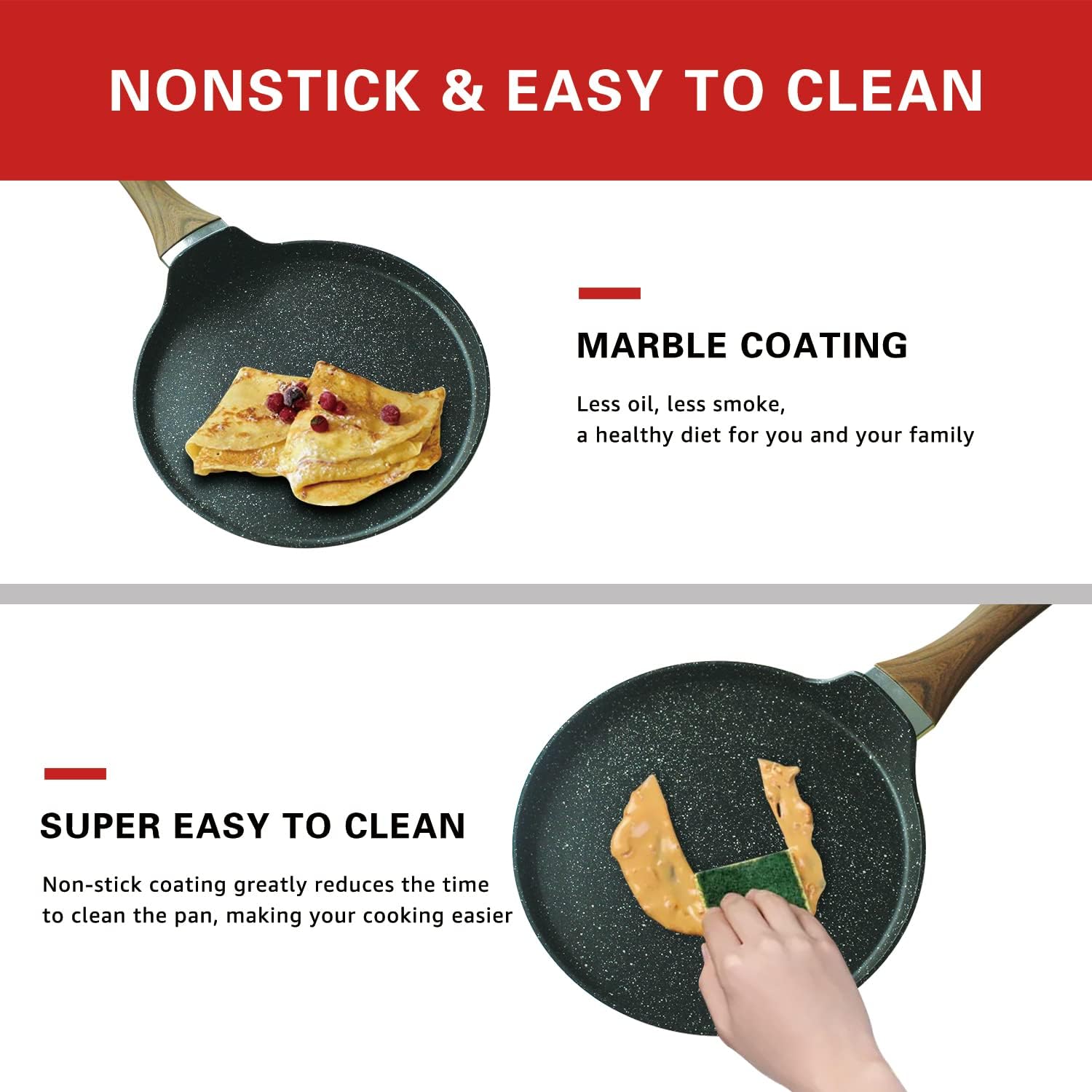 Nonstick Crepe Pan, 8.5 Inch Griddle Pan, Fry Pans for Cooking Eggs, Omelettes, and More - Non-Stick Marble Coating Skillet Induction Compatible - Image 3