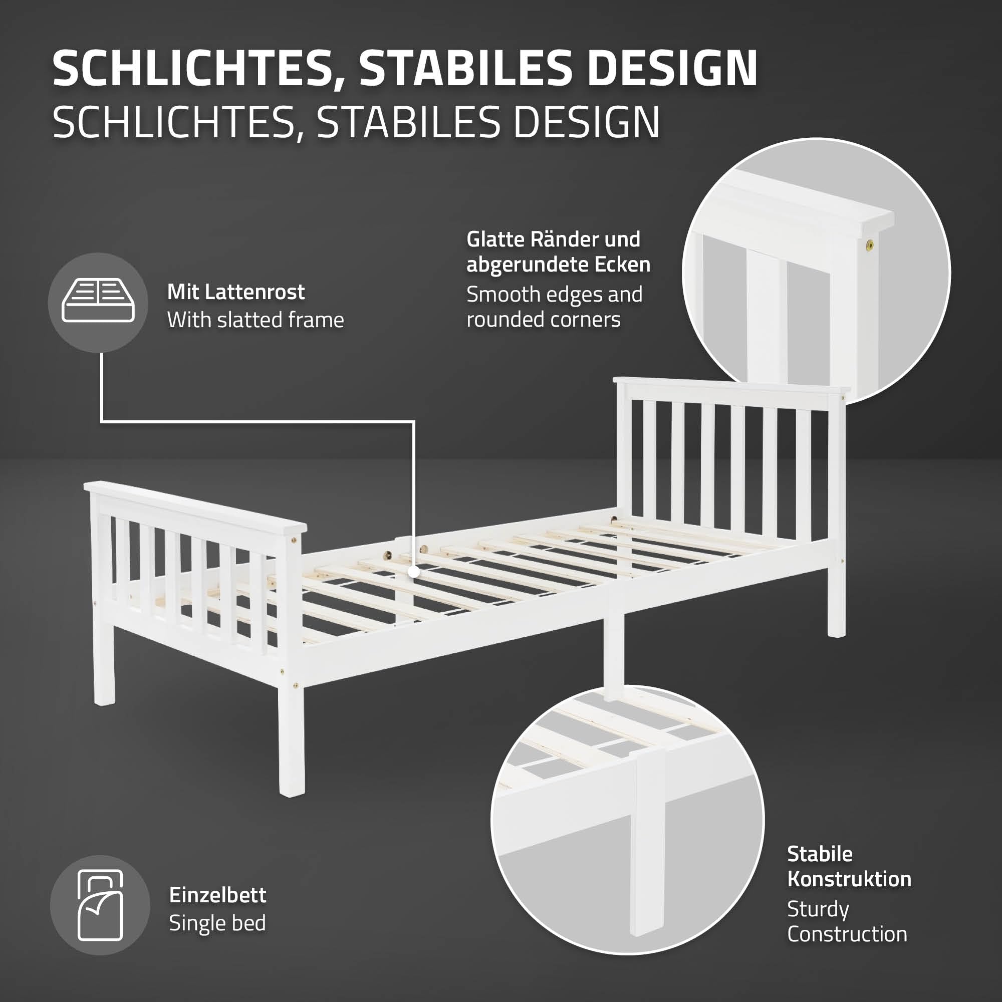 ML-Design Letto Singolo in Legno di Pino Massiccio 90 x 200 Colore Bianco, con Telaio Rete a Doghe Testiera e Pediera, Lettino per Bambini, Giroletto per Ragazzi e Adulti, Struttura Solida