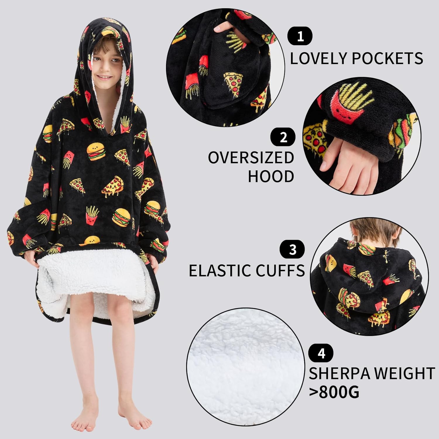 Wearable Blanket Hoodie for Kids Oversized Sherpa Blanket Hoodie for Kids Boys Girls Teens 6-13YR,Hamburger Pizza - Image 4