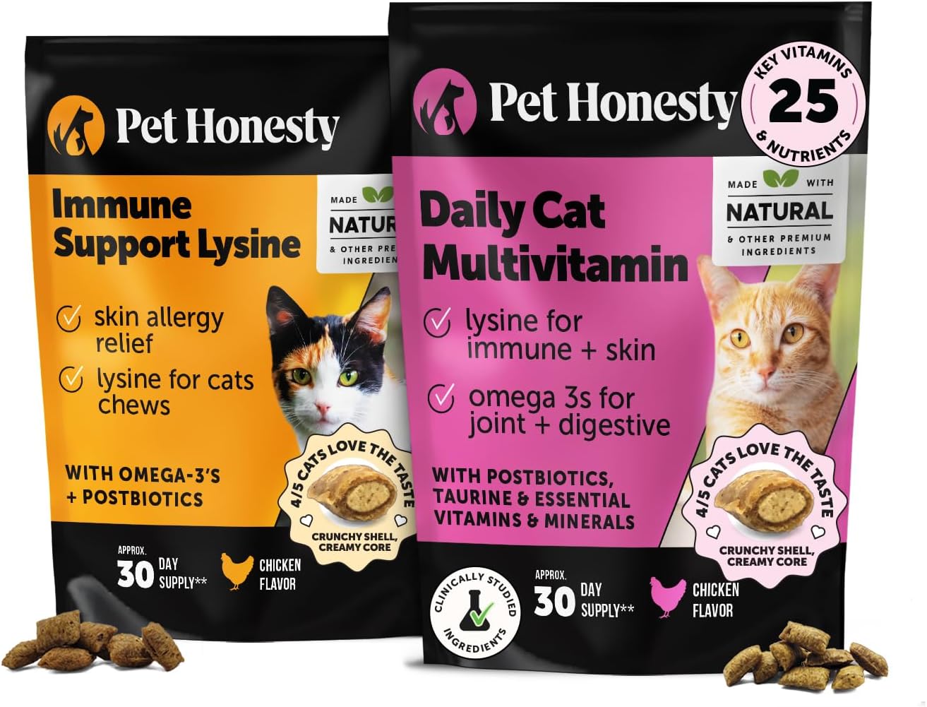 Cat Multivitamins + Immune Support Lysine Dual Texture Chew Supplement Bundle - Supports Overall Immune Health, Joints, Skin & Coat, and Cat Allergy Relief - Sneezing, Runny Nose