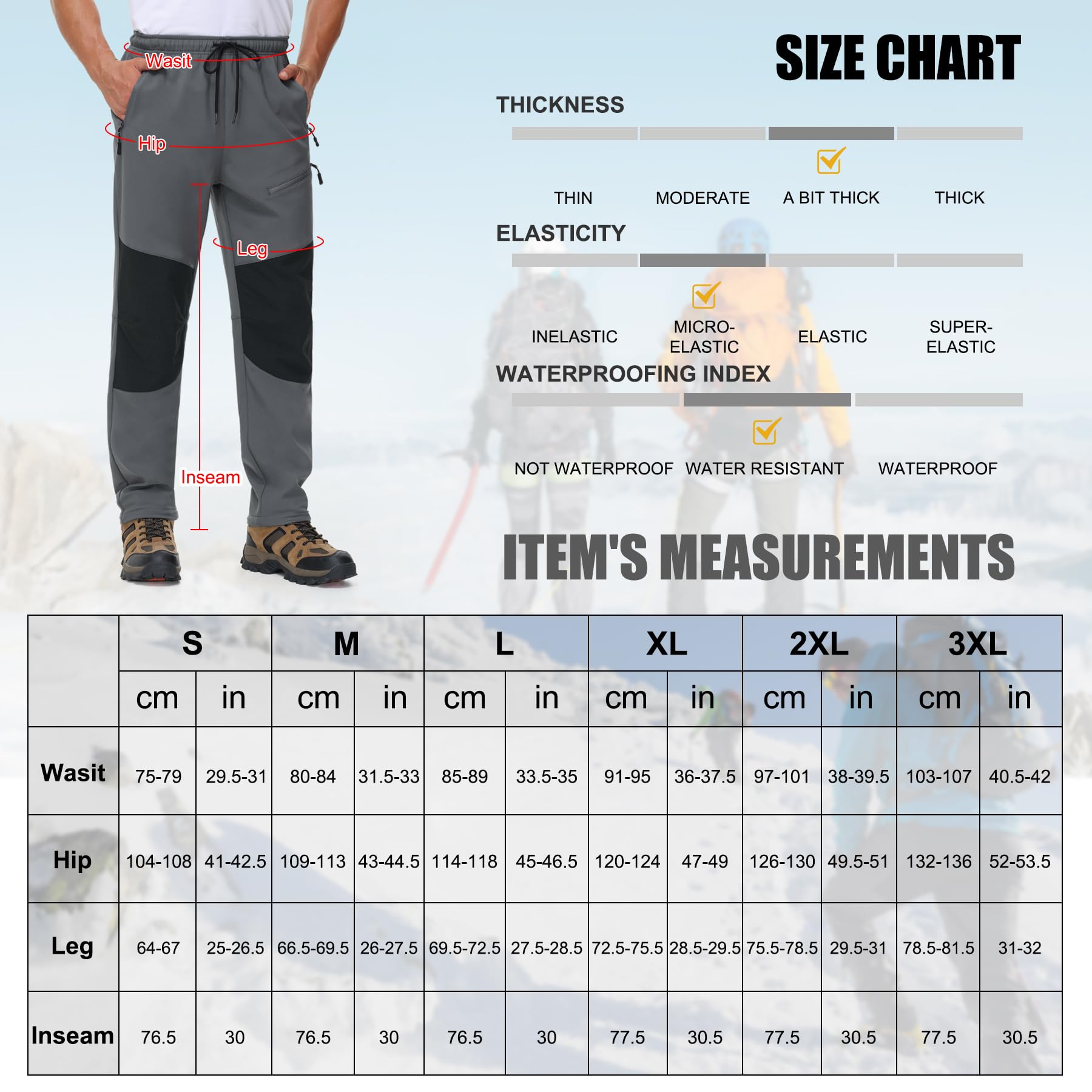 MOCOLY Pantalon Randonnée Chaud Hiver Homme pour Ski Neige Snowboard Chasse | Thermique Taille Elastique Pantalon Softshell Cargo Doublé Polaire Pantalons pour Marche Trekking Travail