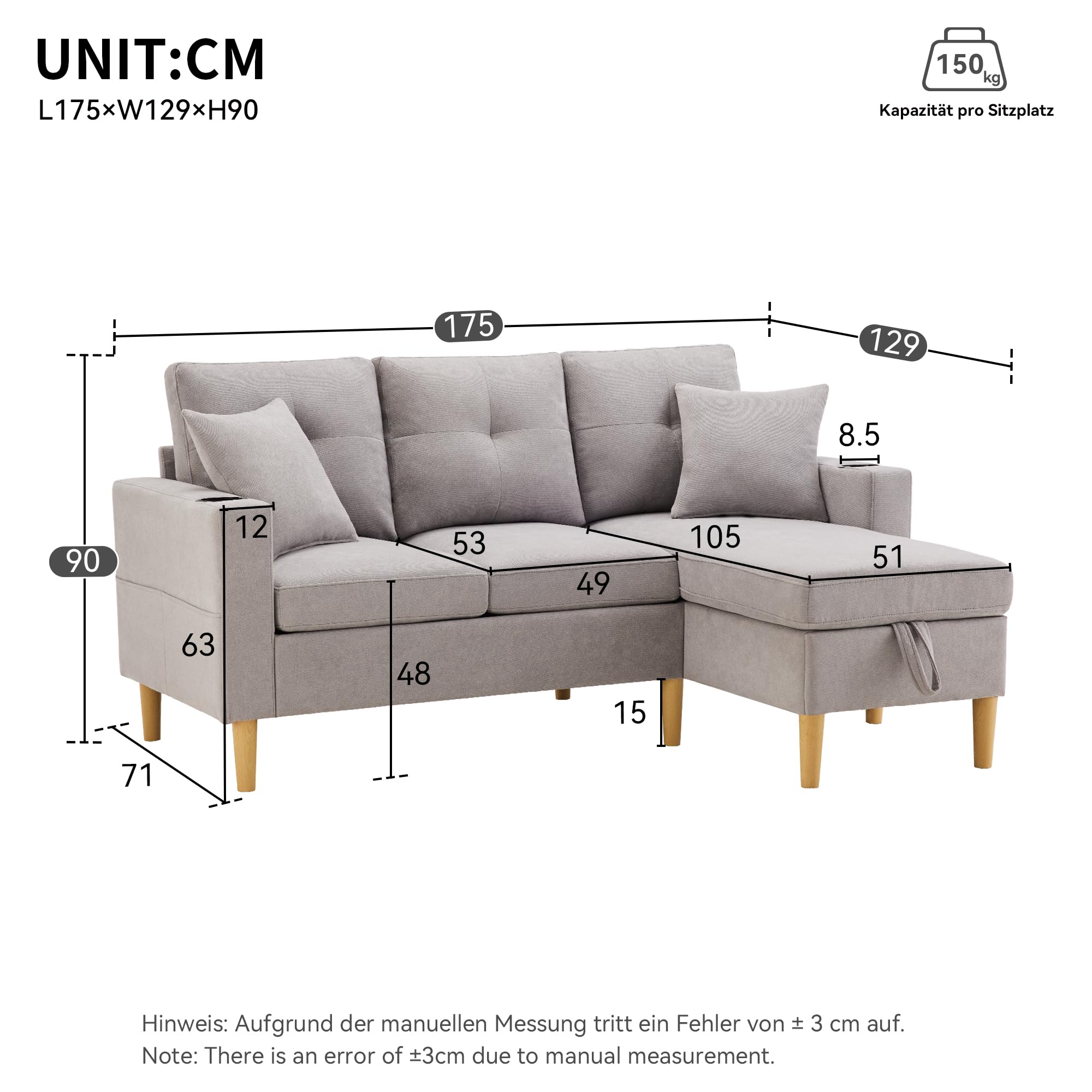 Sofá moderno en forma de L, sofá de 3 plazas con chaise longue, espacio de almacenamiento, soporte integrado para bebidas, viene con 2 almohadas, adecuado para salón, oficina, apartamento, etc., 175 x