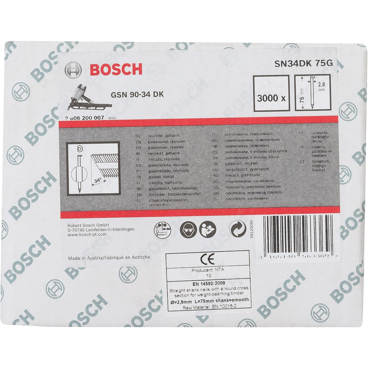 Bosch 3000x Clous en bande PRO SN34CH, tête coupée 34° (Longueur 75 mm,)
