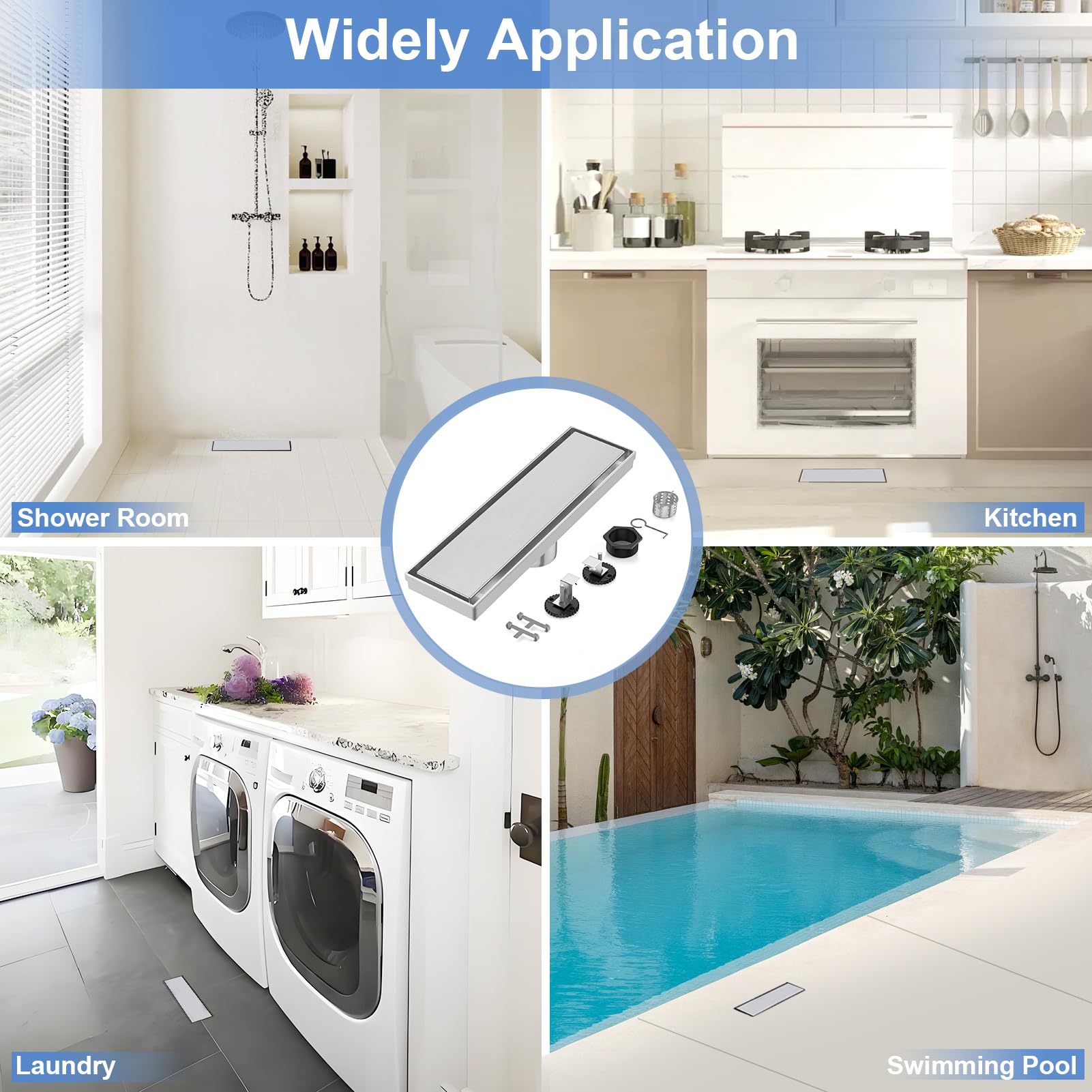 Drenaje lineal de ducha | Desagüe de ducha de acero inoxidable SUS 304 de 12 pulgadas | Drenaje lineal con panel de inserción de azulejos 2 en 1 y pies ajustables | Drenaje de suelo en cocina