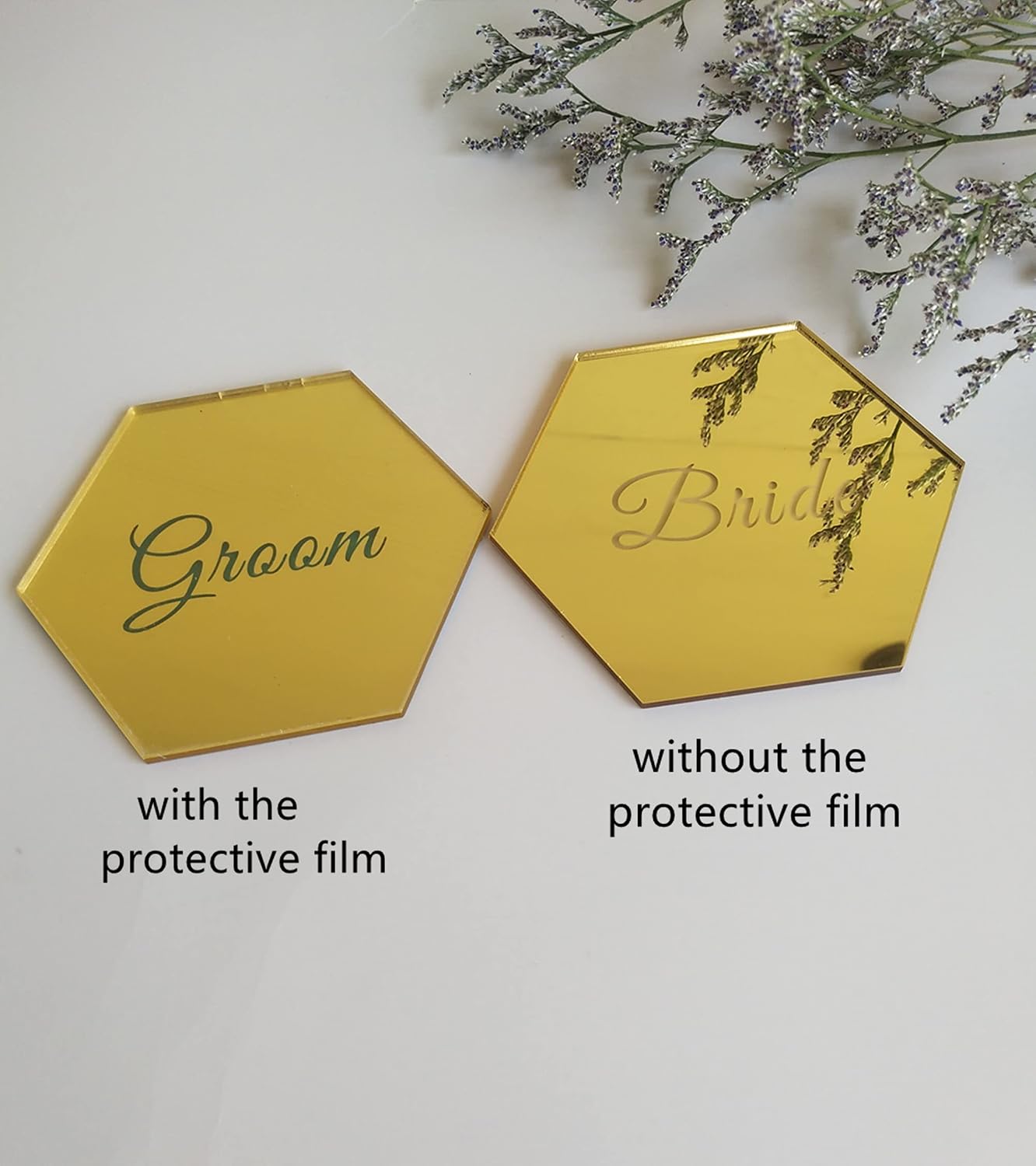 Bride and Groom Acrylic Mirrored Hexagon Place Cards, Geometric Bride and Groom Table Setting,Wedding Place Cards, Bride and Groom Set (Gold Mirror)