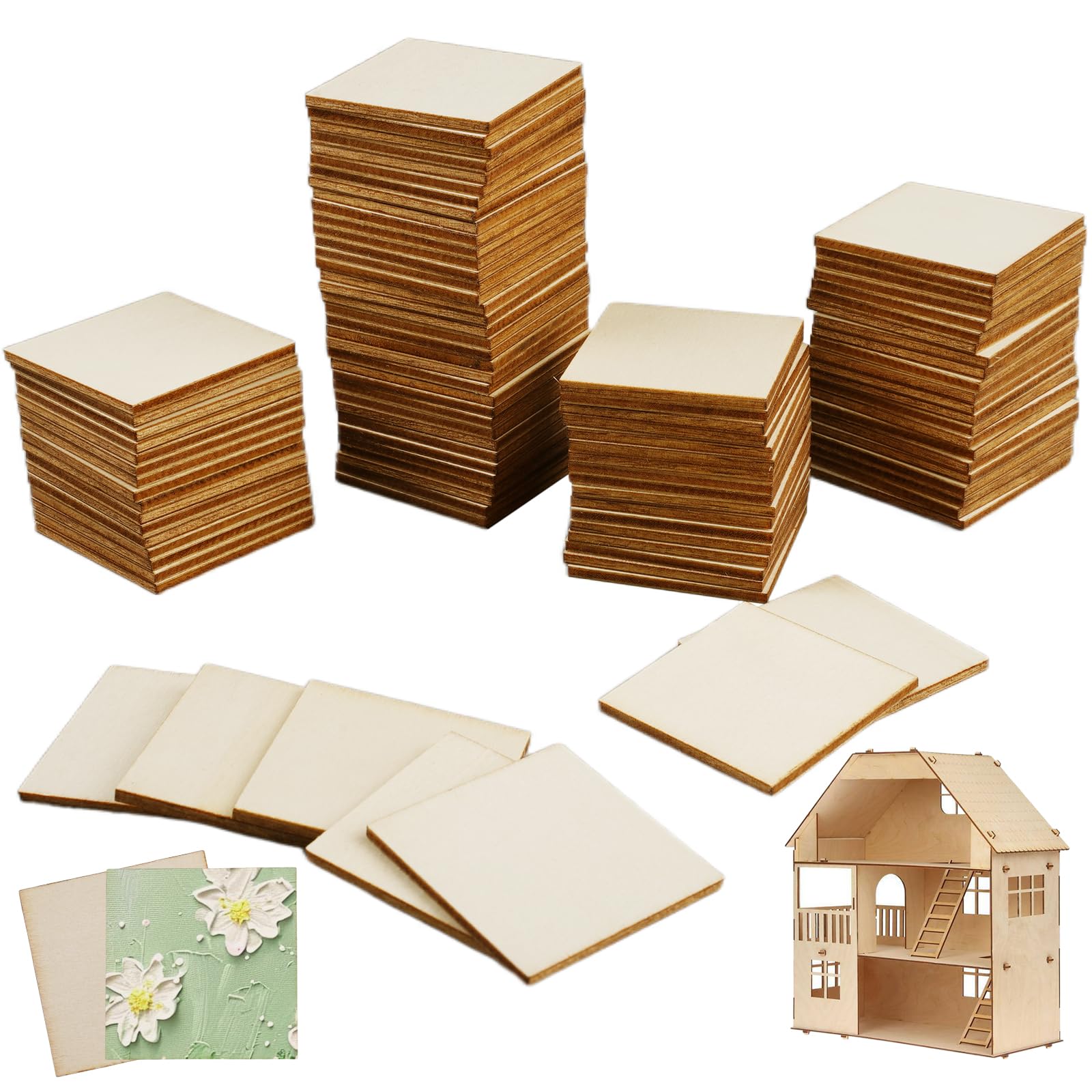 70 Pz Fette di LegnoGrezzo, Dischi Legno Decorativo, Rotondo Quadrati Cuori di Legno per Artigianato Pirografia Sottobicchieri, Decorazioni Fai Da Te