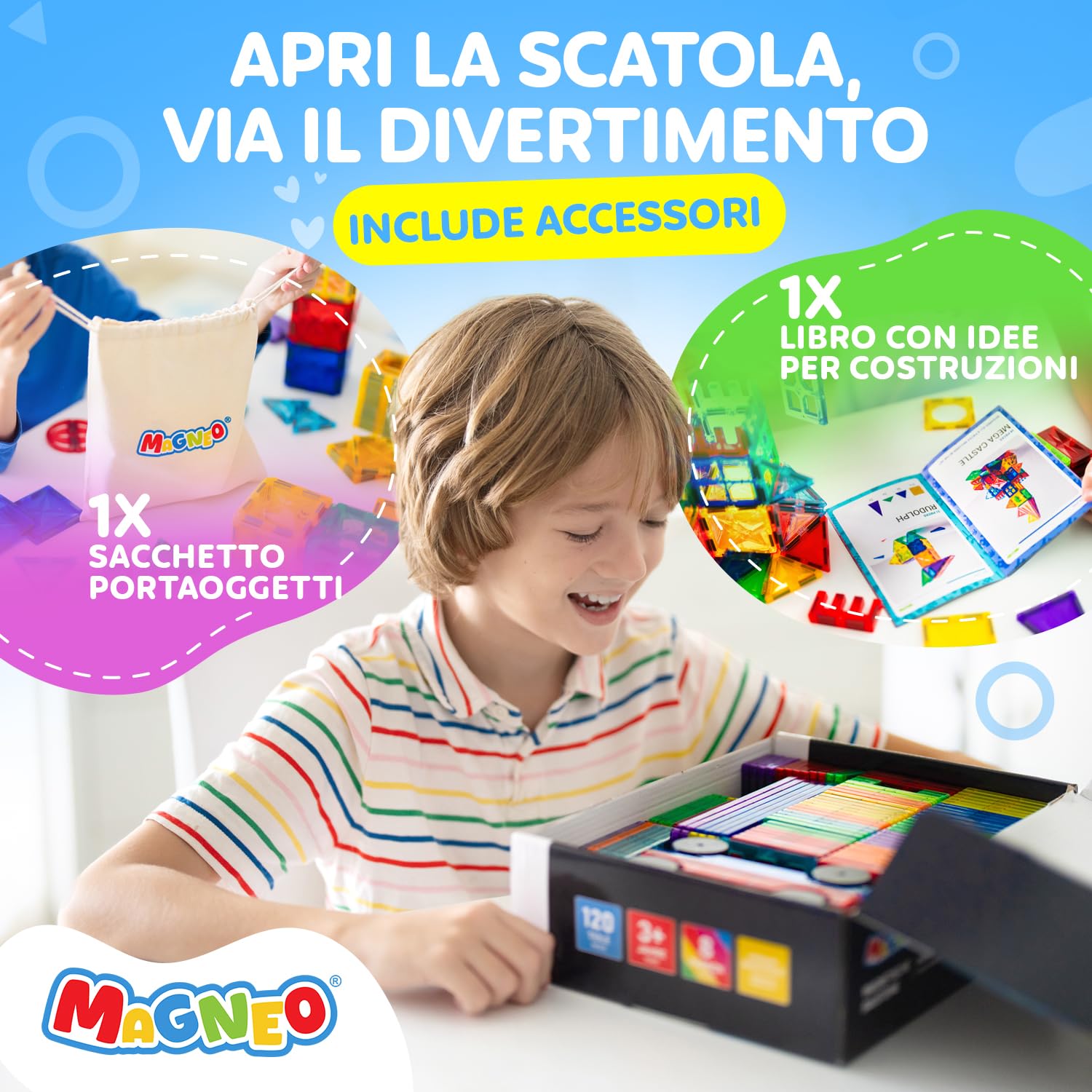 Blocchi Magnetici 120 Pezzi (2 Auto) – Costruzioni Magnetiche per Bambini 3+ – Gioco Creativo con Magnetic Tiles – Blocco da Costruzione Educativo – Idea Regalo Bimbi