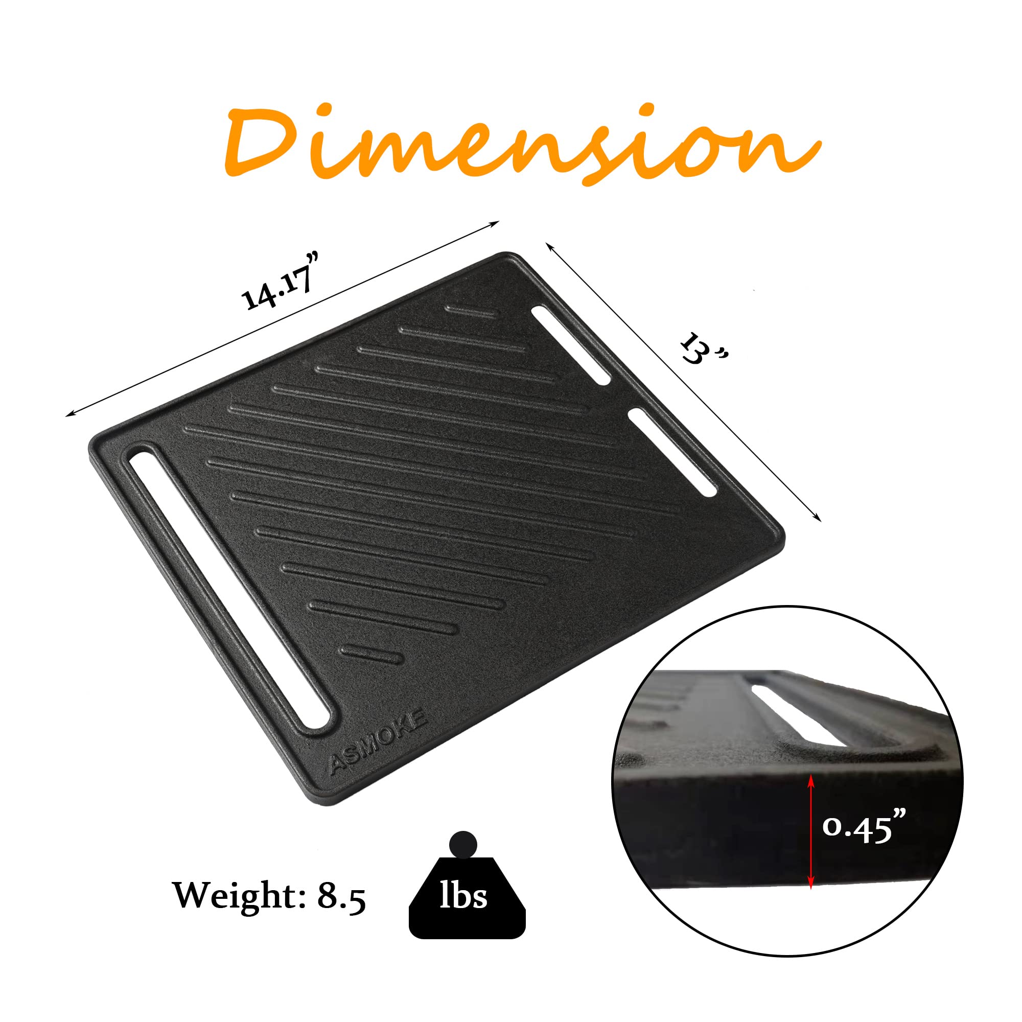 ASMOKE Cast Iron Grill Griddle/Griddle Plate - Reversible, Preseasoned, Easy-to-Clean, Lightweight 8.5 lbs, 14.17" x 13", Ideal for Grilling and Frying, Suitable for Stove Top