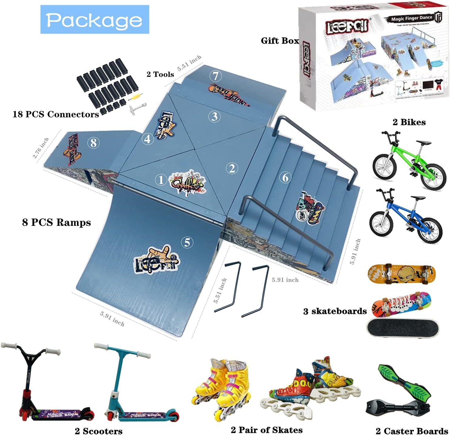 Skate Park Kit, 21 Pcs Finger Skateboard ramp Set Including 8X Skate Park ramps, 3X Finger Skateboards, 2X Bikes, 2X Scooters, 4X Skates, 2X Caster Boards for Mini Finger Toys Sports