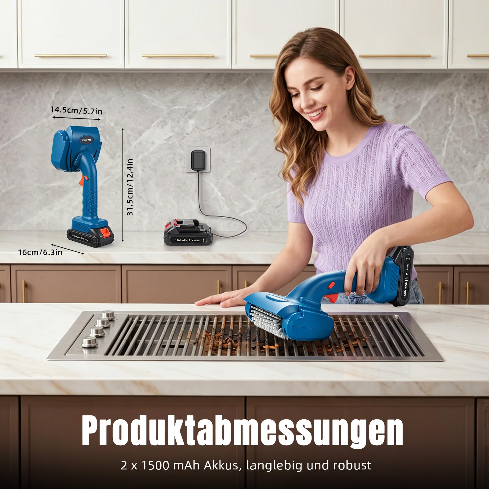 Elektrische Grillbürste, kabellose Grillreinigungsbürste mit 2 Bürstenköpfen, 2 Akkus, 1500 U/min,wiederaufladbare Edelstahlbürste für Grillroste,tragbare Grillbürste