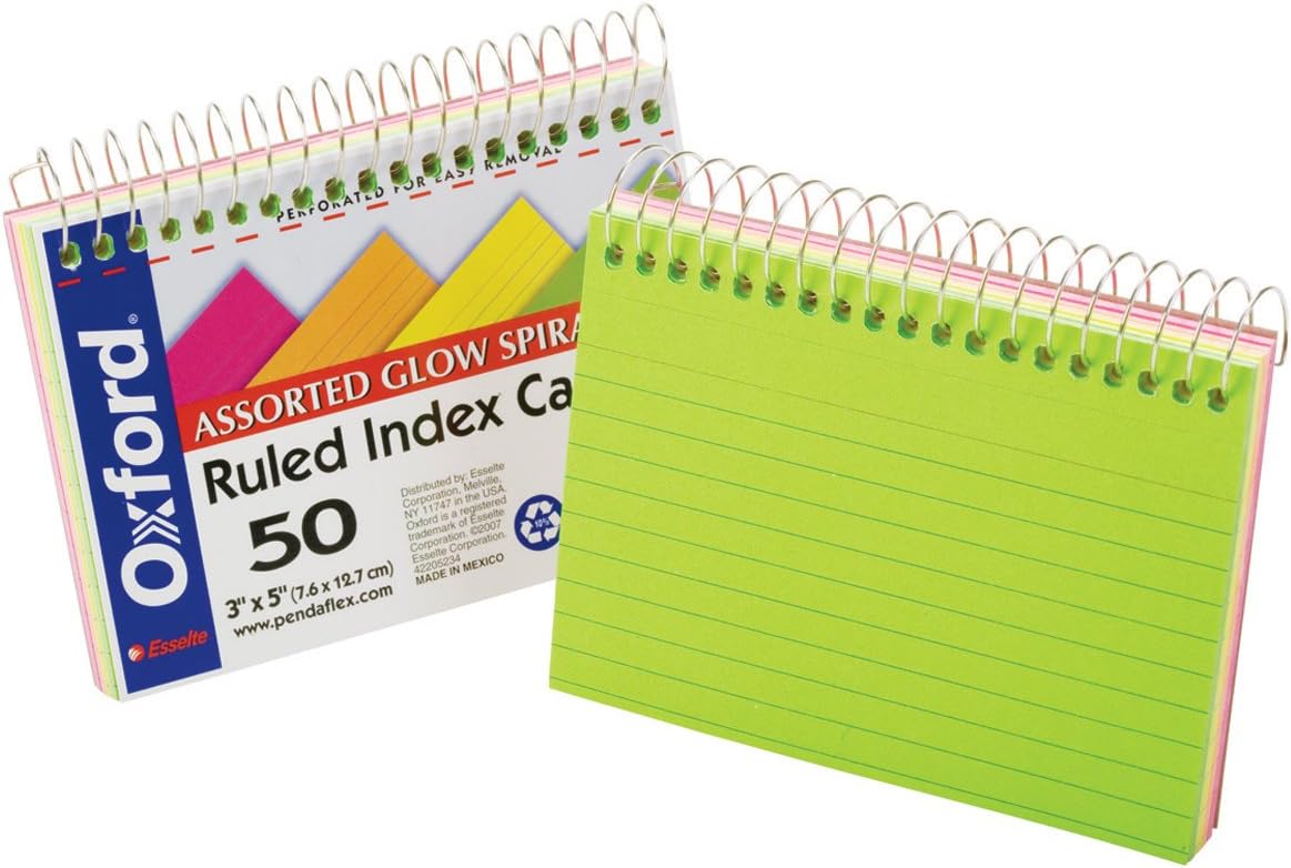 Oxford Spiral Bound Glow Index Cards, 3" x 5", Ruled