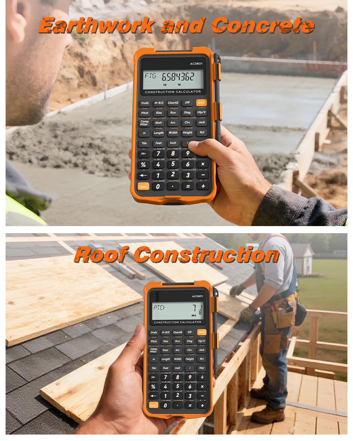Calculadora de construcción con tableta de escritura industrial y científica ROATEE calculadora de ingeniería para contratistas, calculadoras de bolsillo de pies-pulgadas-fracción de hormigón para