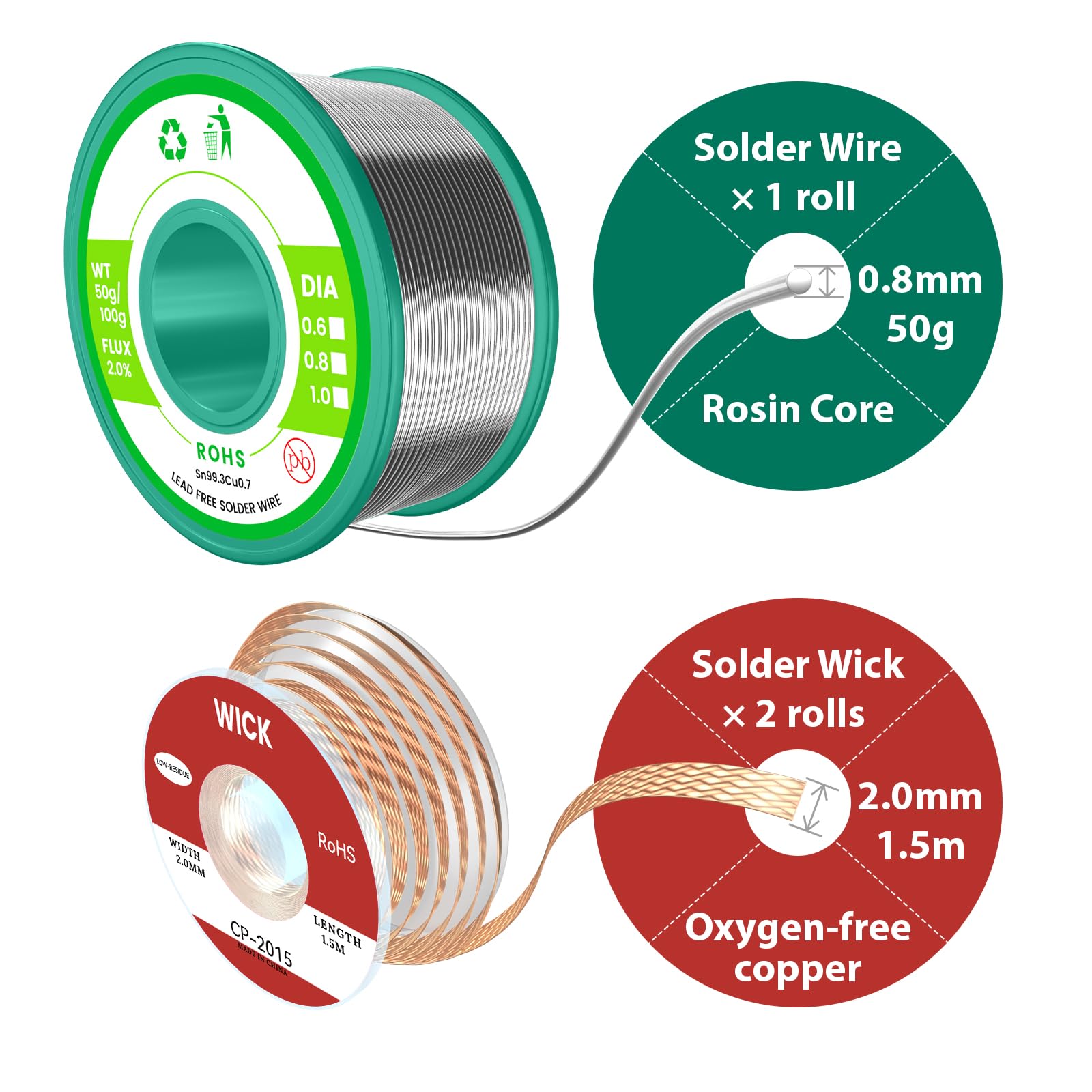 Lötzinn & Entlötlitze Set – Bleifreier Lötdraht mit Kolophoniumkern, Lötzinn Elektronik (Sn99,3Cu0,7/0,8mm/50g) + No-Clean Entlötdocht (2,0mm/1,5m/2 Stk) zum Löten & Entlöten