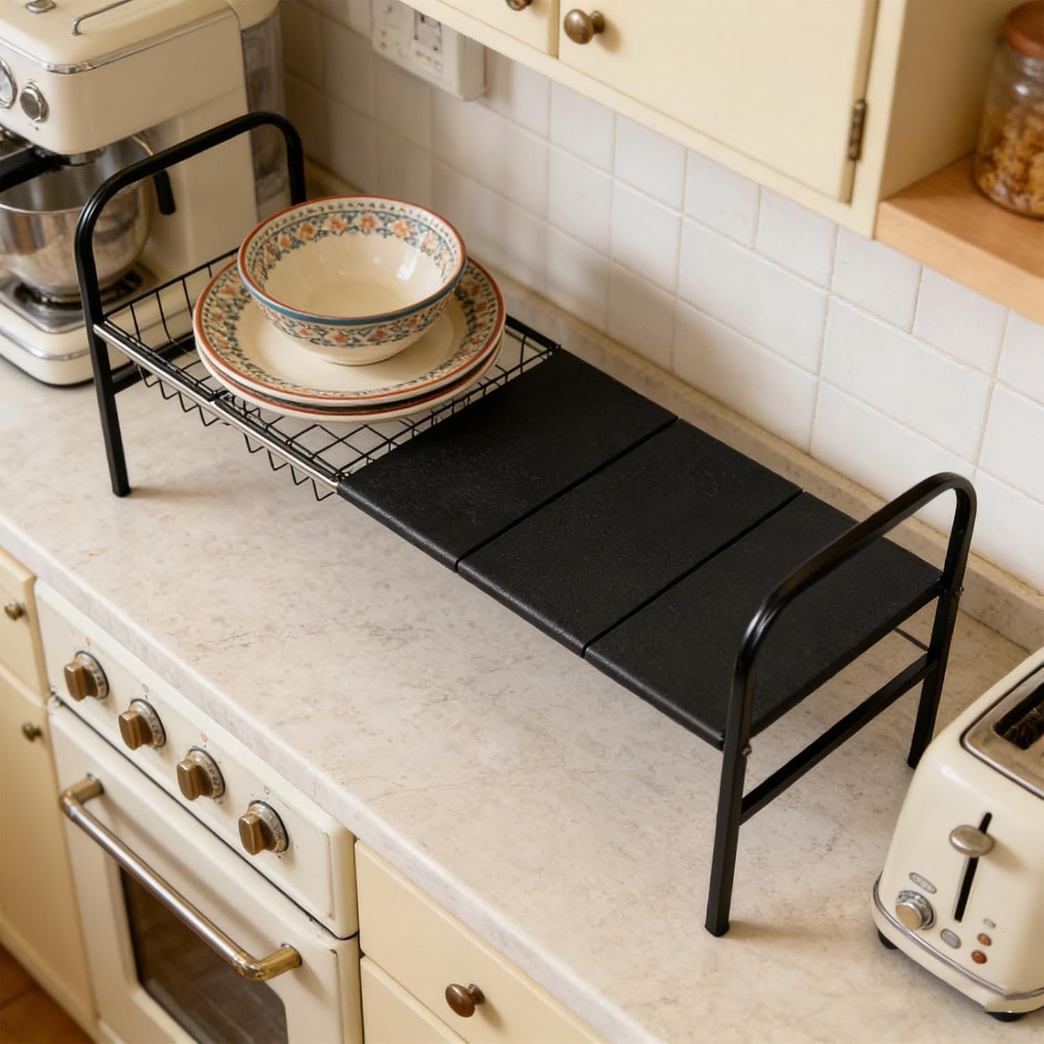 Sturdy Carbon Steel Adjustable Kitchen Shelf with Two Step 4 Plate 4 Basket Setup for Optimal Organization Multi Purpose Storage Rack