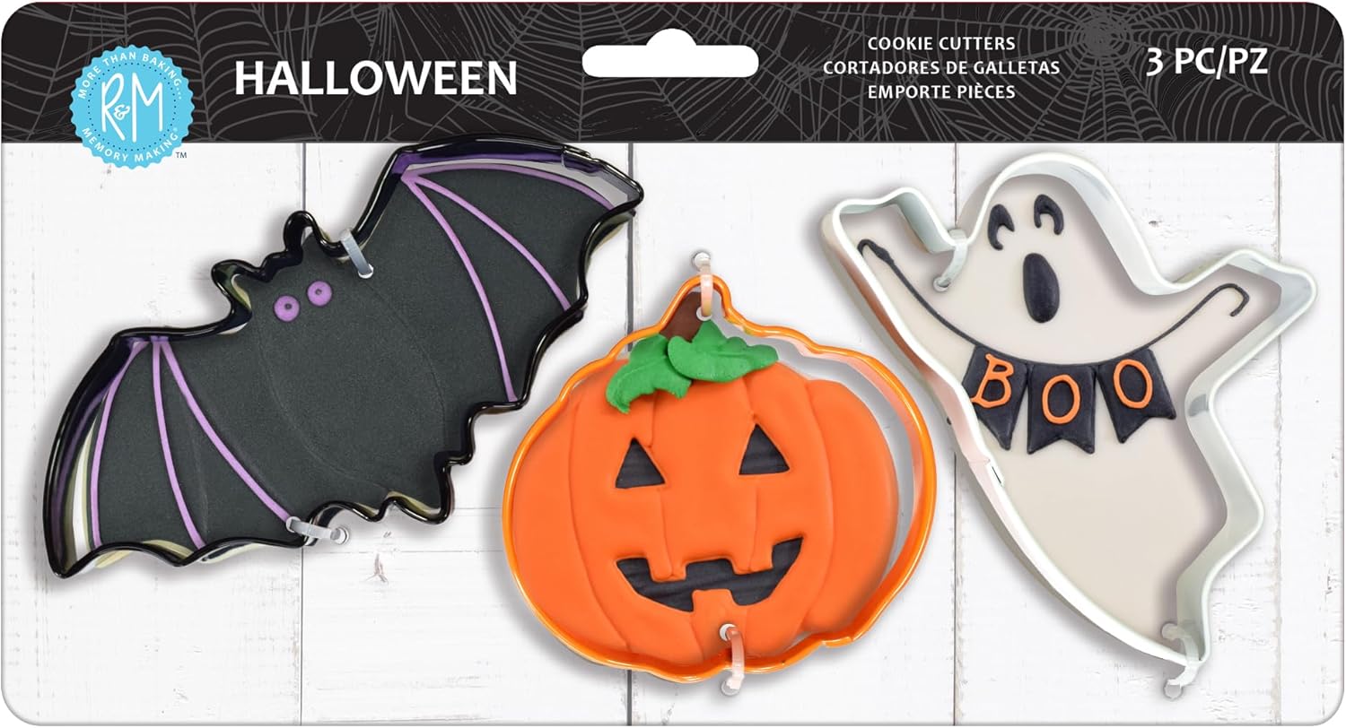 R&M Halloween Cookie Cutter 3 Piece Gift Set. Includes Bat, Pumpkin, Ghost, Black, Orange, White Polyresin Coated